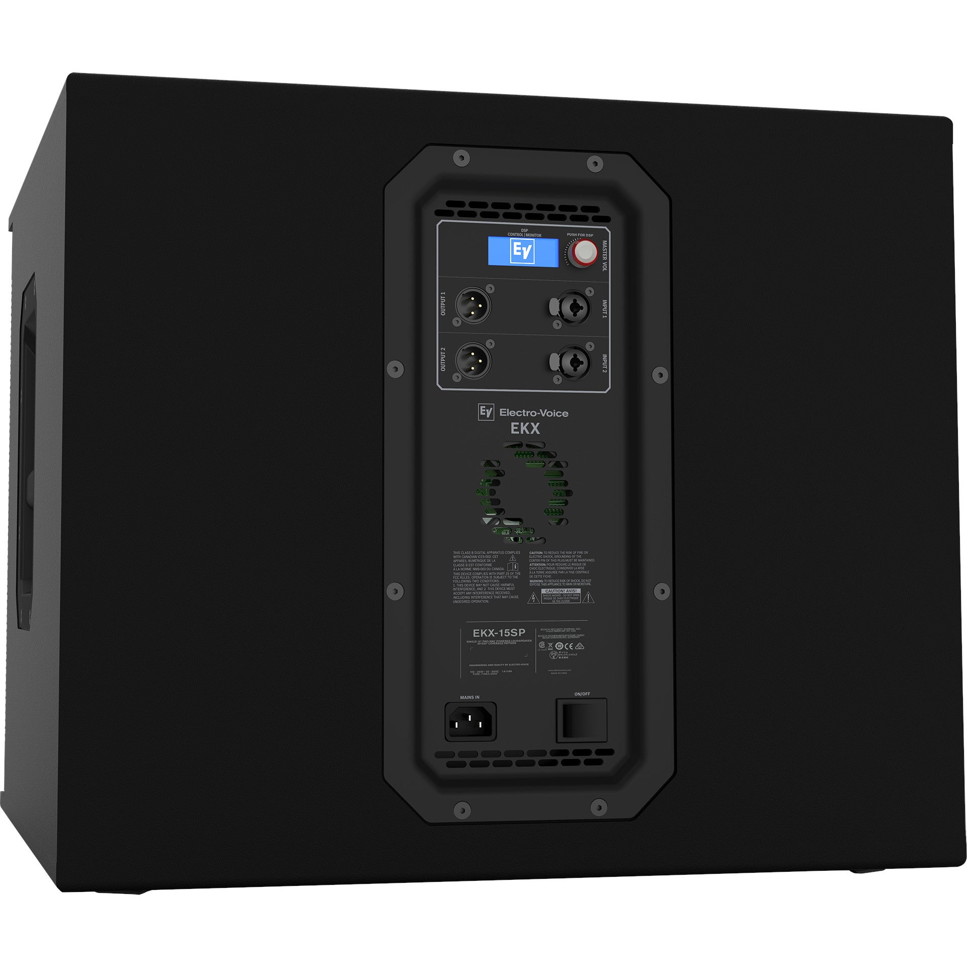Black speaker with connection panel, display, and controls.