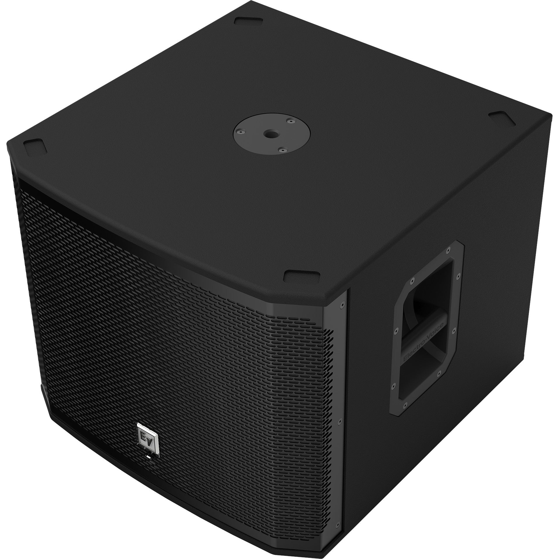 Black subwoofer with silver EV logo and handles.