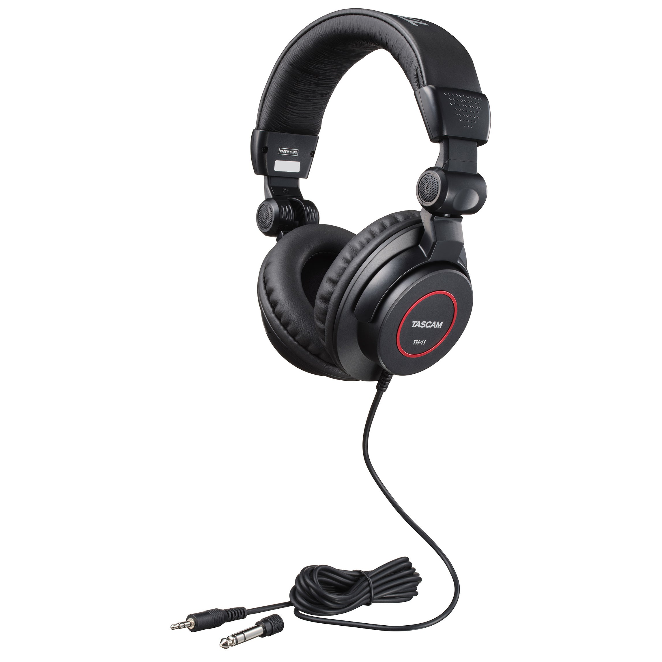 Cuffie Tascam TH-11 nere con anello rosso e cavo a doppio connettore.
