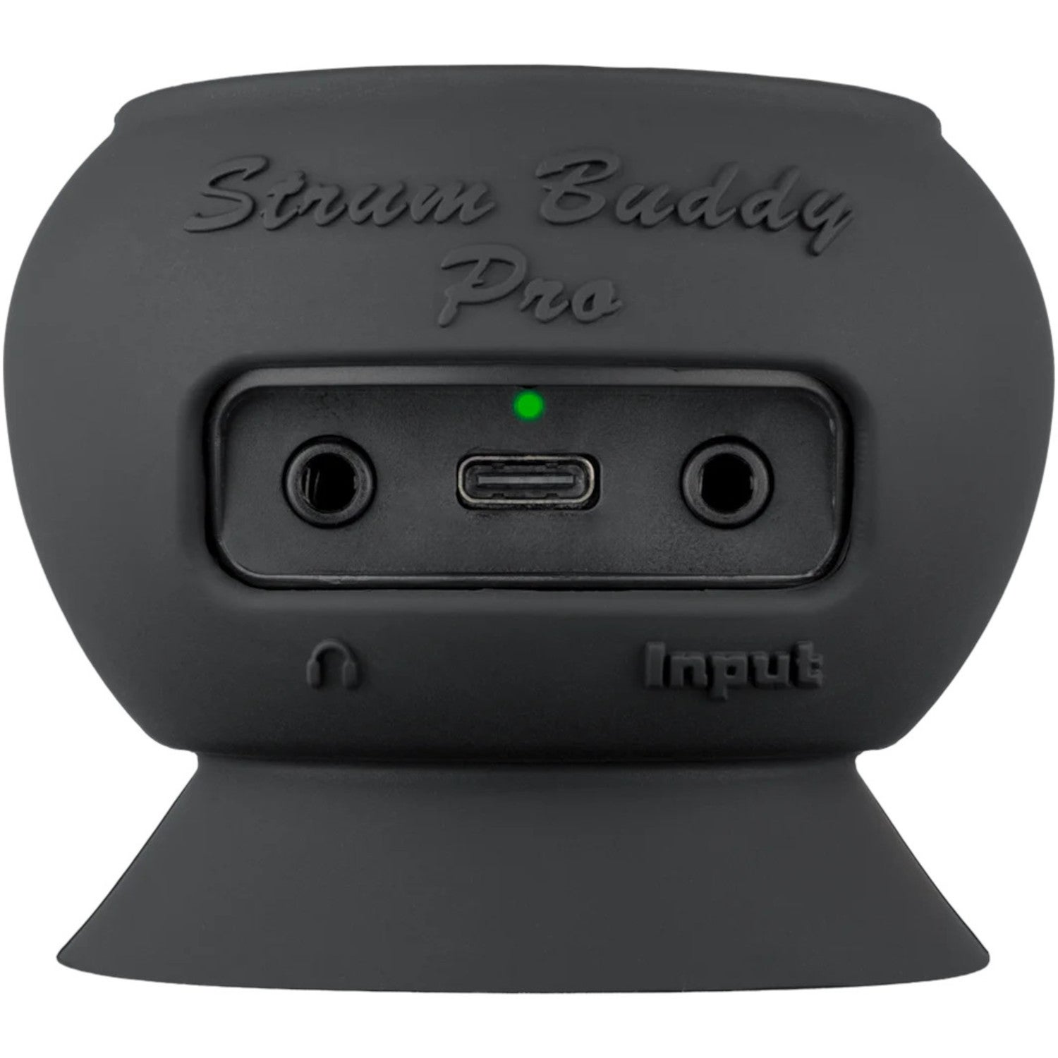 Zwart audioapparaat "Strum Buddy Pro" met ingangspoorten en groen lampje.