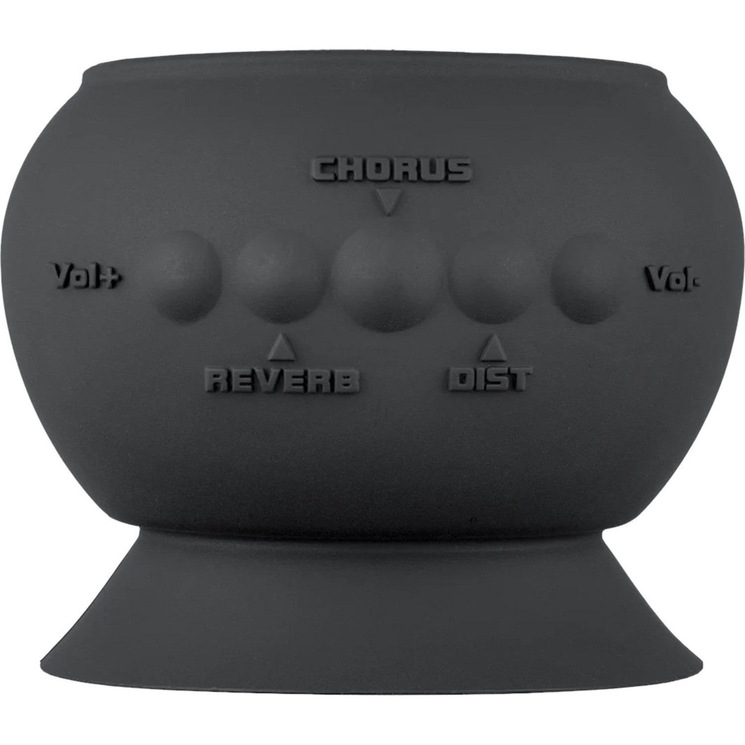 Een zwarte, ronde effectpedaalhoes met opschriften CHORUS, VOL+, REVERB, DIST, VOL-.