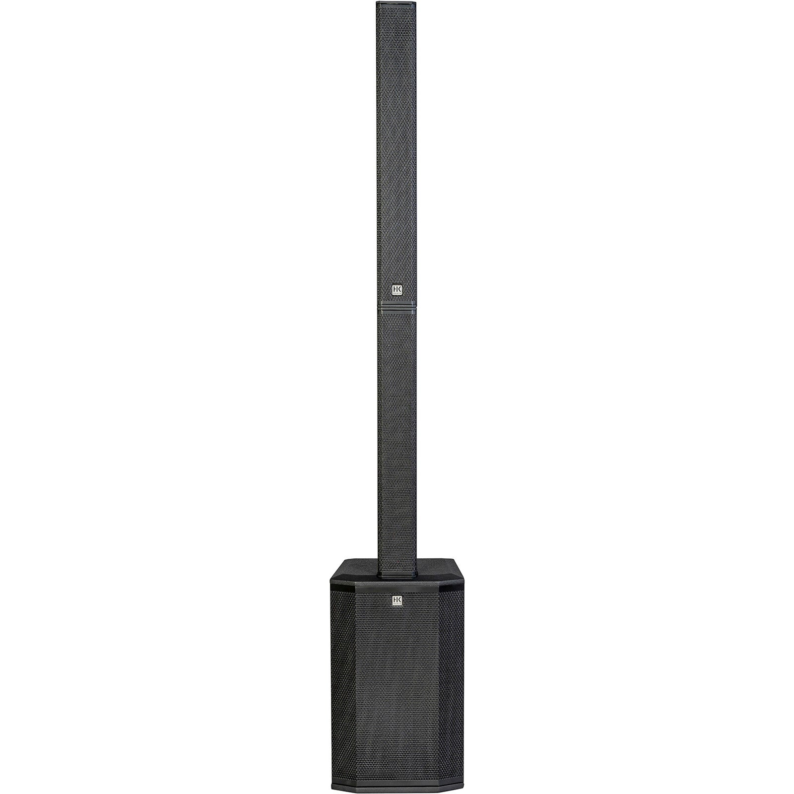 Un diffusore a colonna nero con base subwoofer.