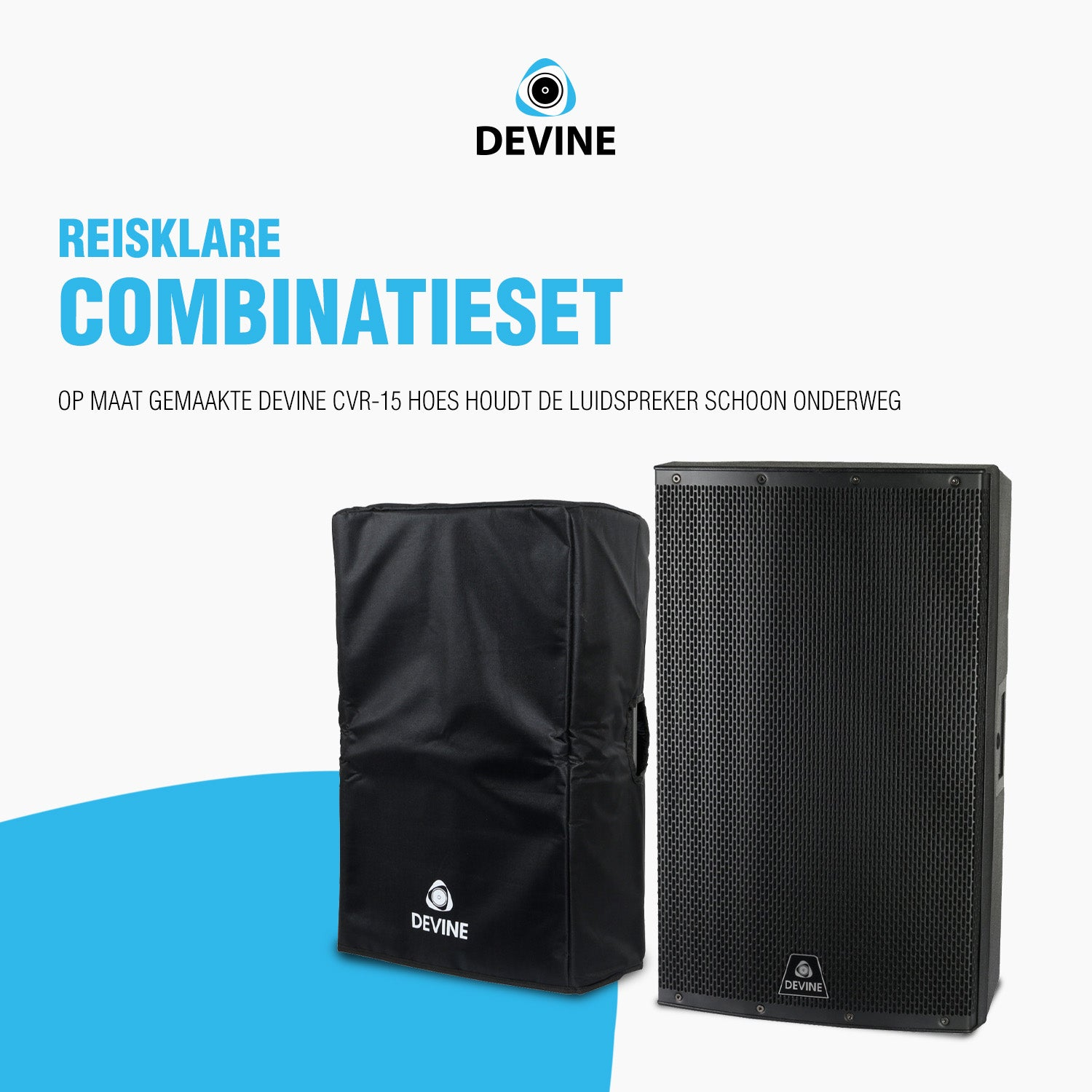 A black speaker and a black cover stand side-by-side. The 'DEVINE' logo is visible.