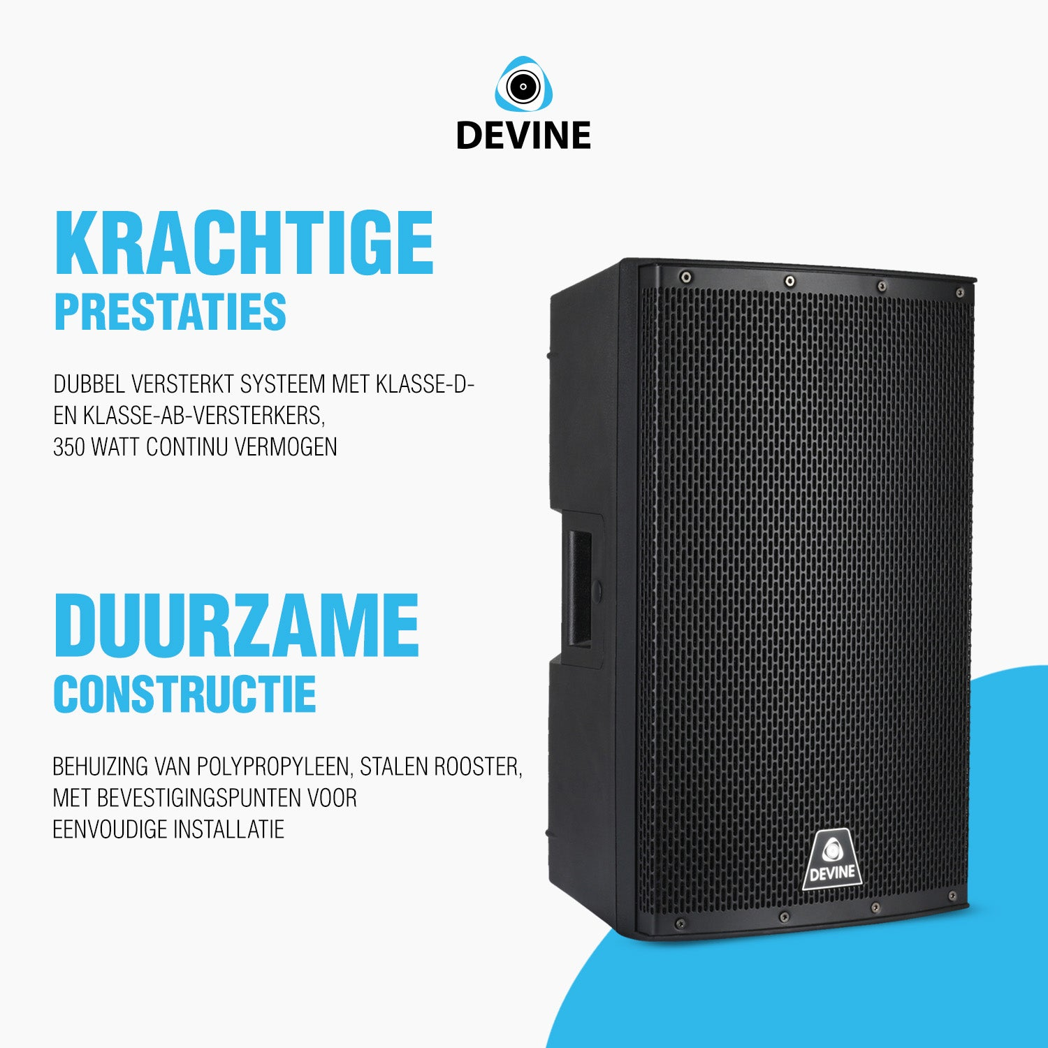 Black speaker with Devine logo, white text.