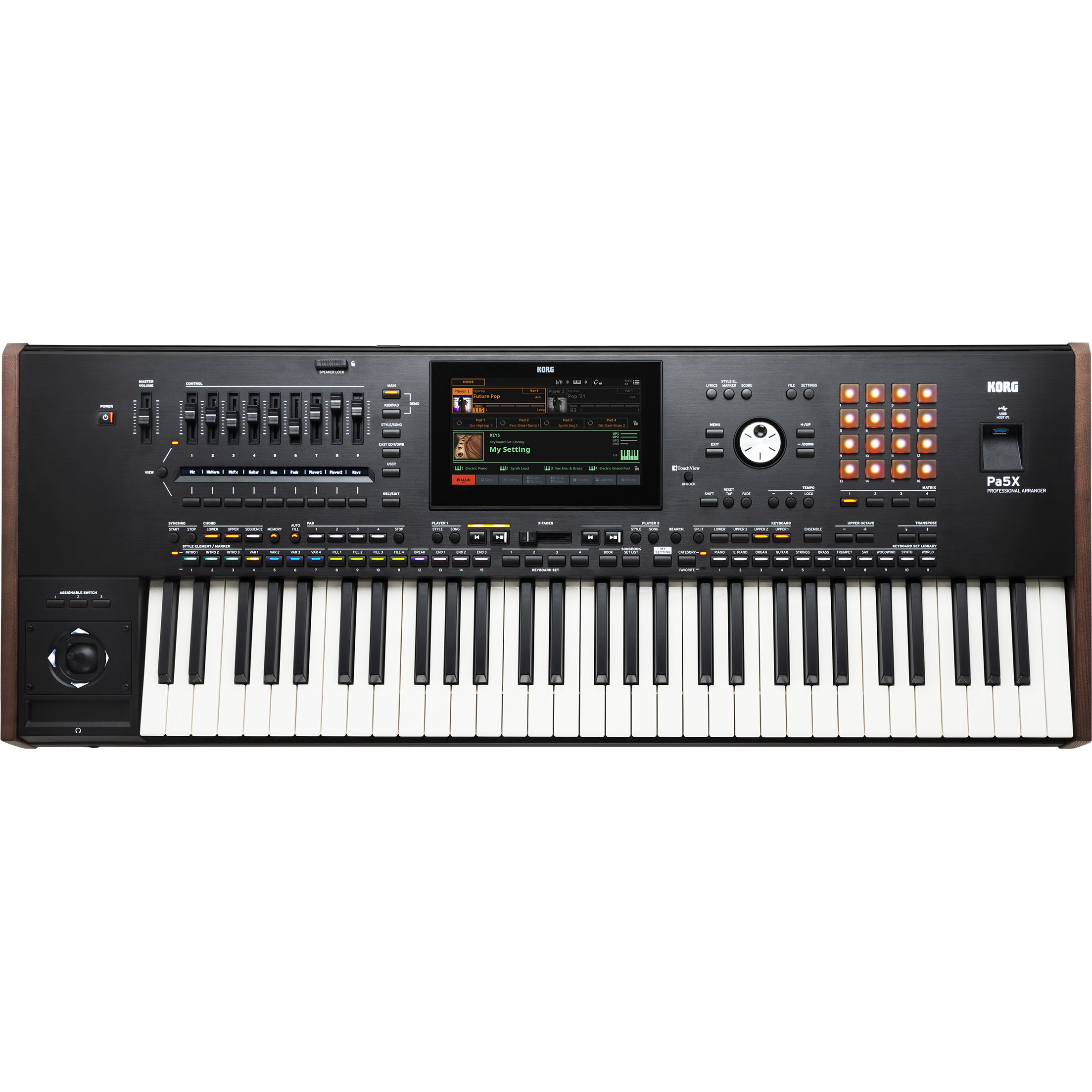 Een zwart Korg Pa5X keyboard met vele toetsen, knoppen en een touchscreen display.