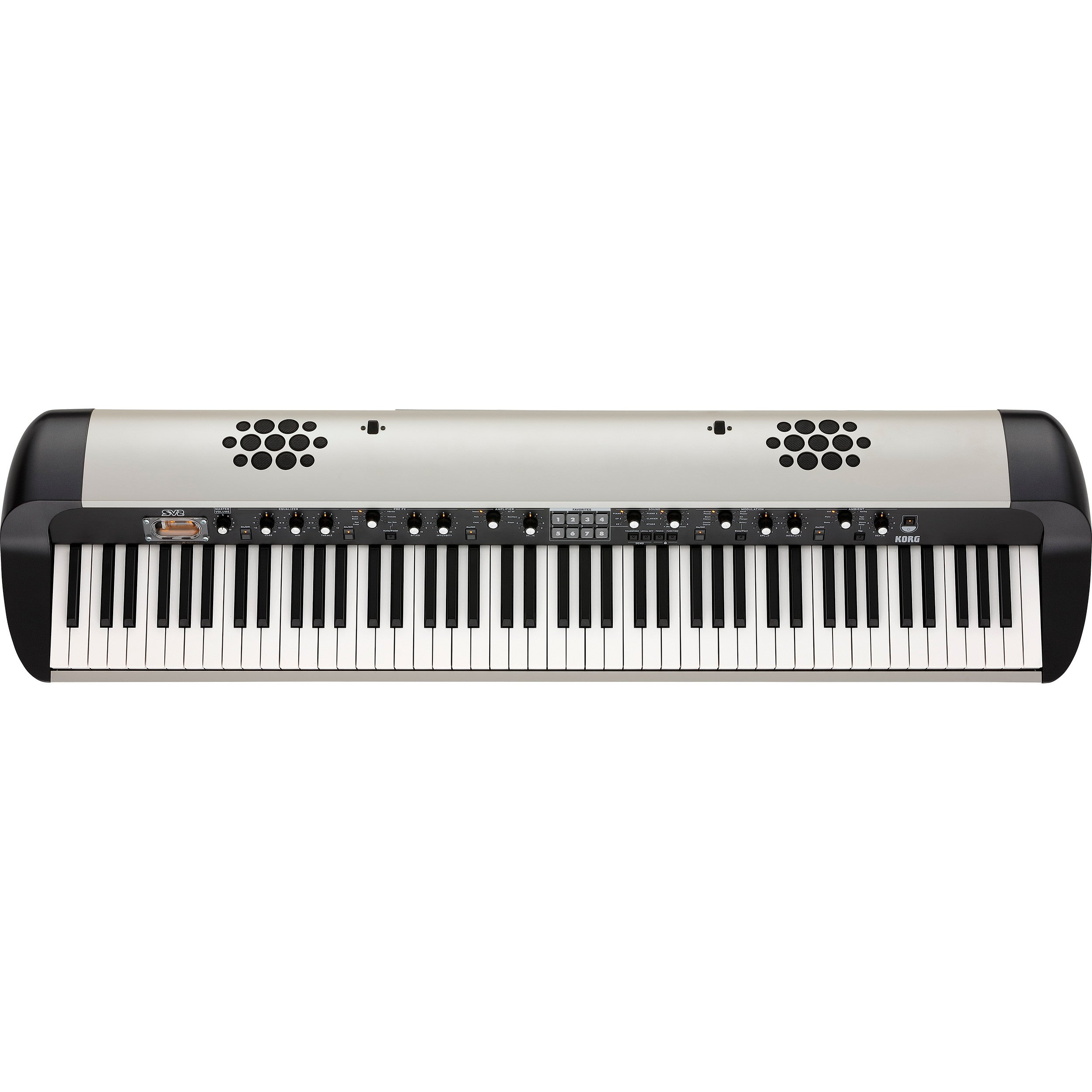 A silver and black Korg SV2 Stage Vintage digital piano with black and white keys.