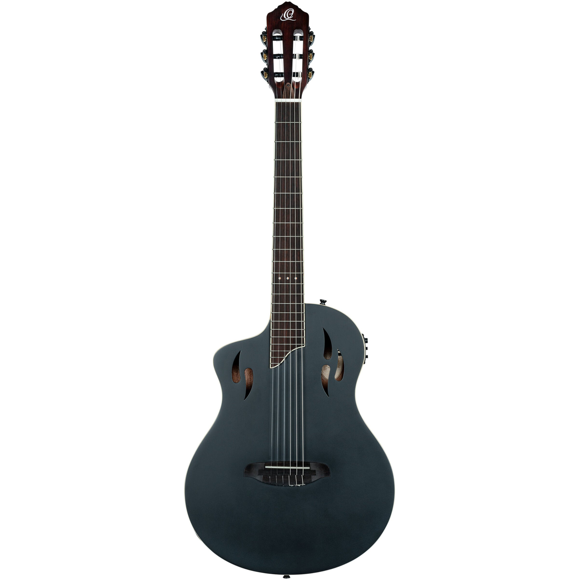 Dark gray acoustic guitar with oval sound holes and strings.