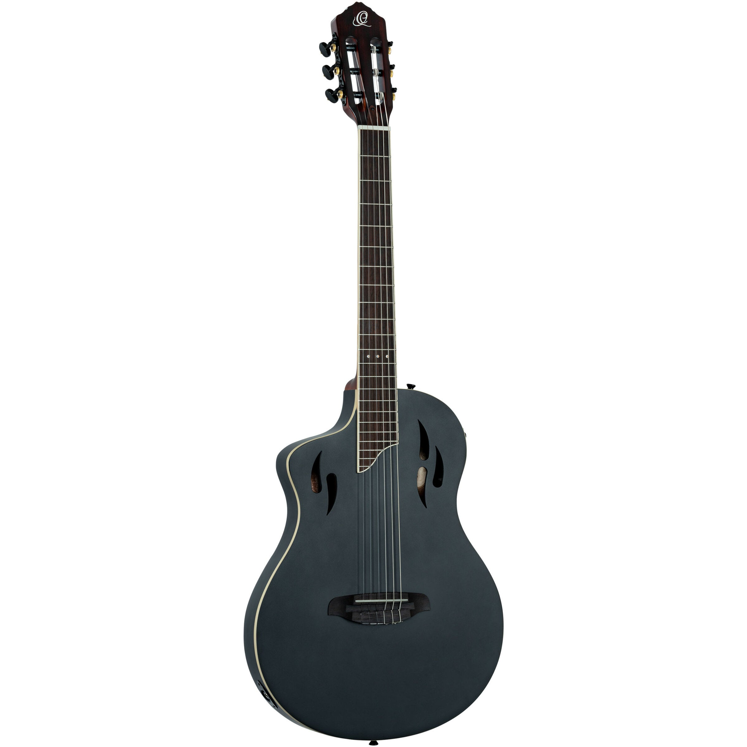 A dark acoustic guitar with f-holes and six strings, isolated on white.