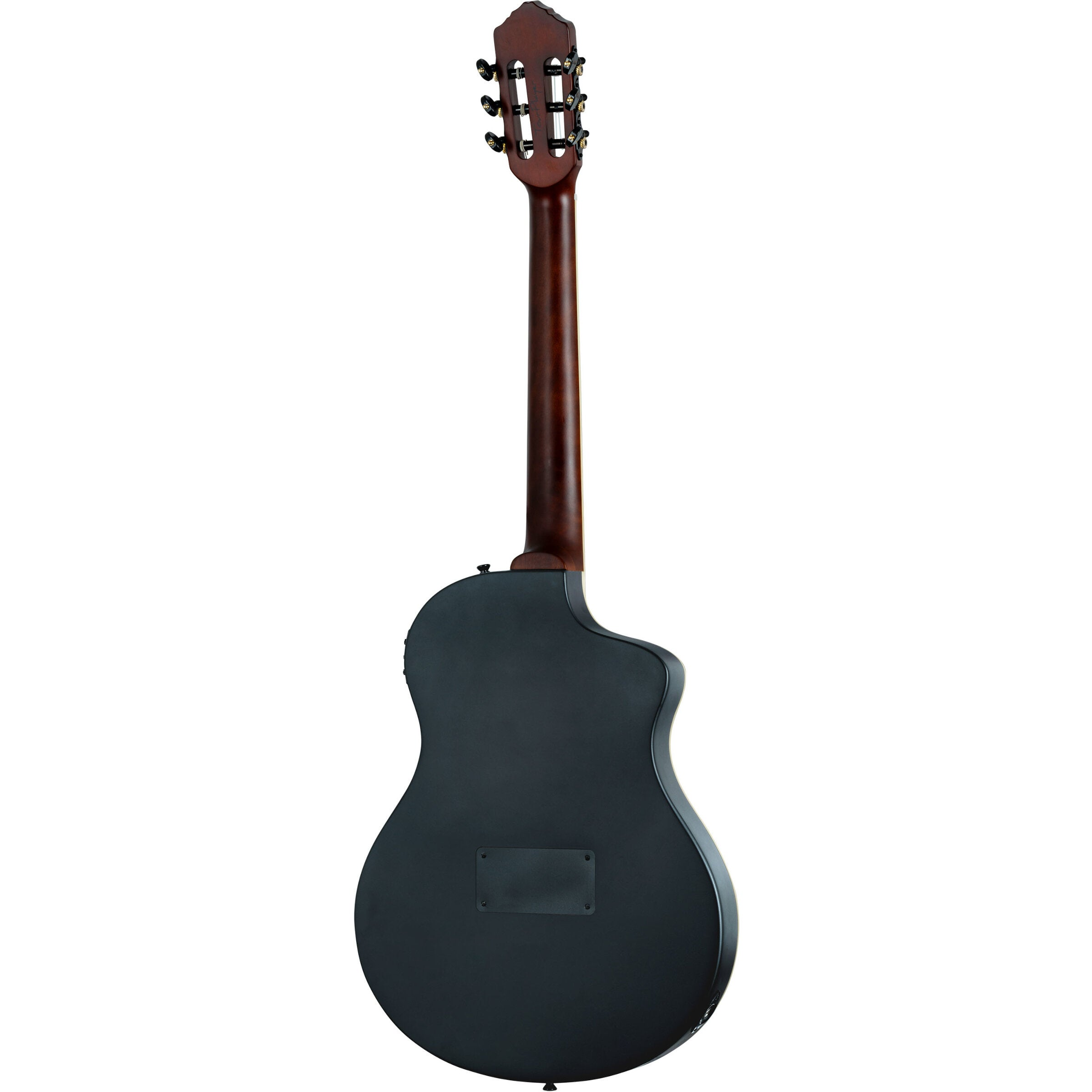 Back view of a black acoustic guitar with a brown neck and headstock.