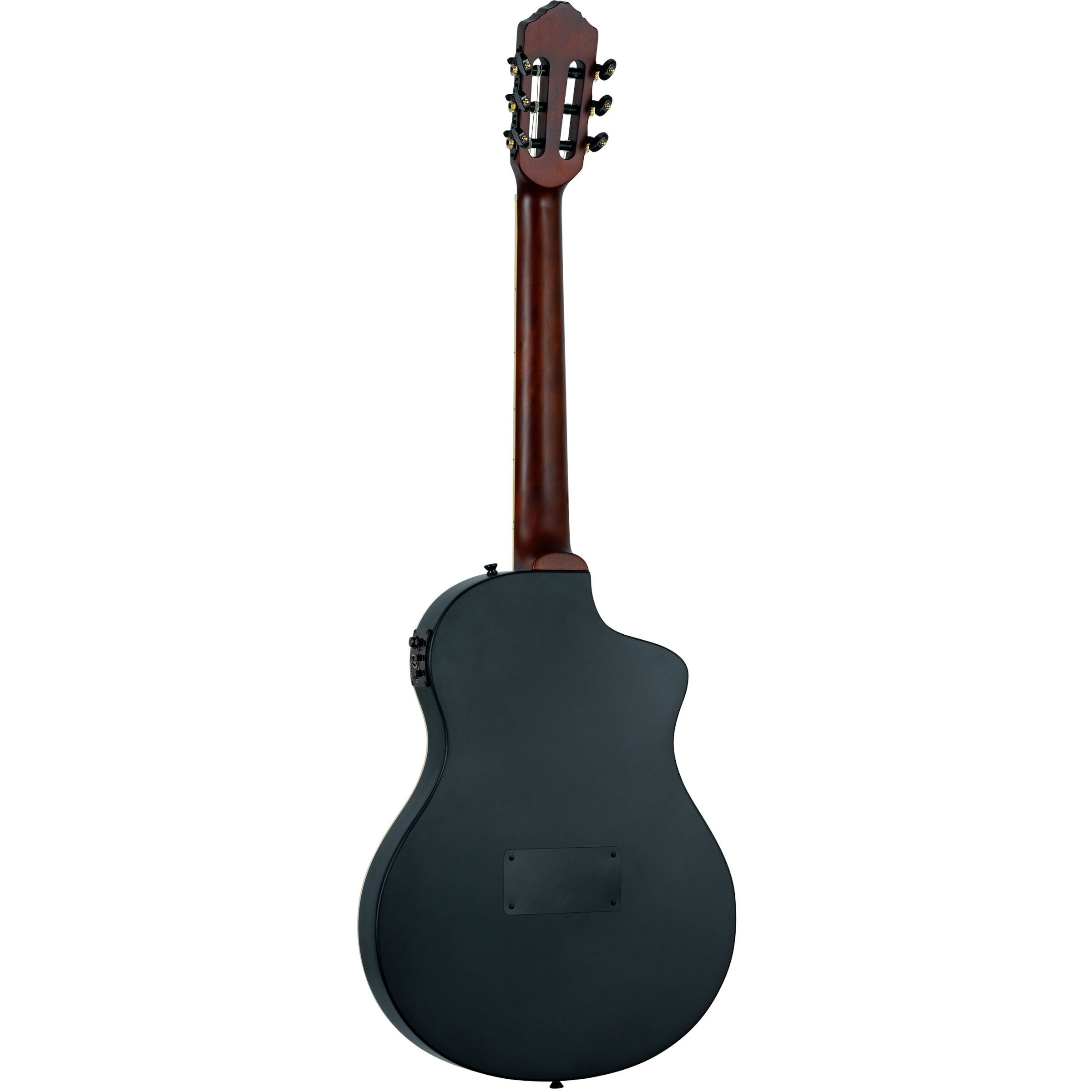 Rear view of a black acoustic guitar with a dark wood neck. White back.
