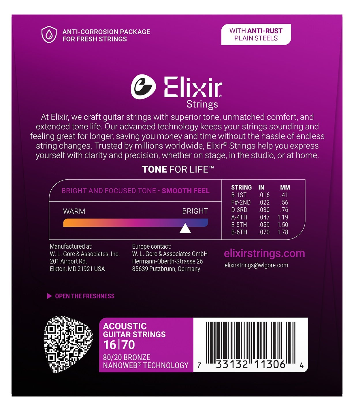 Elixir akustik gitar teli paketi, tel kalınlıkları ve ürün bilgileri.