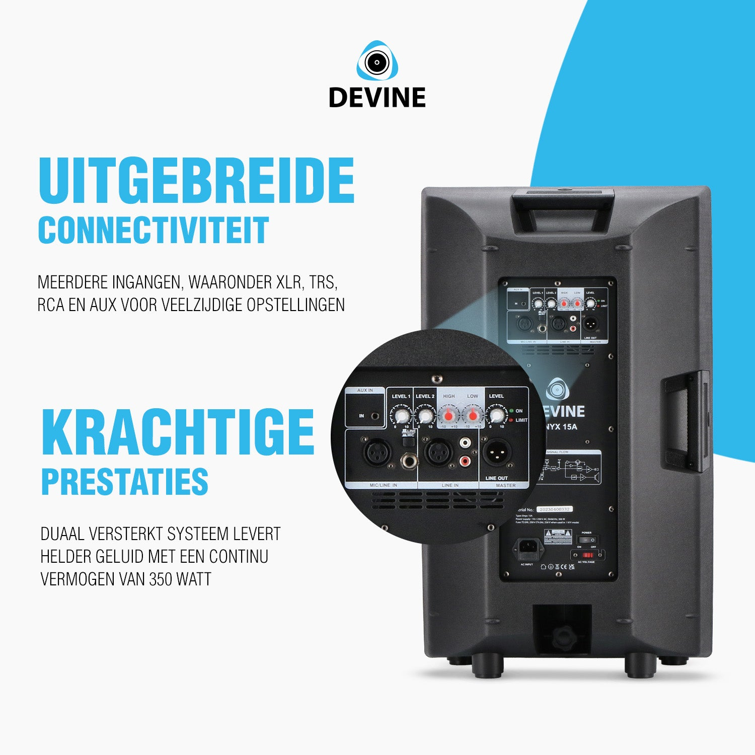 Back of a black speaker with ports and labels. Text in Dutch.