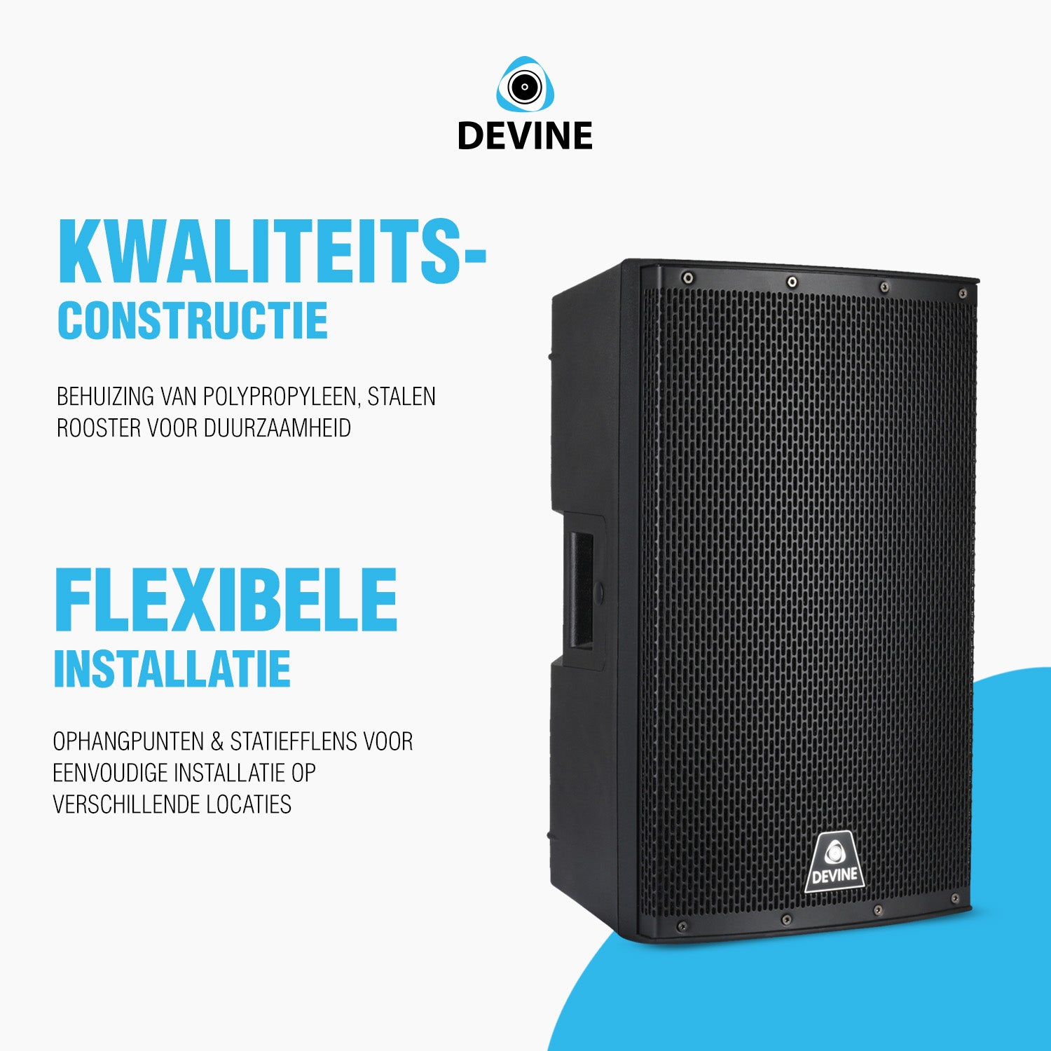 Black Devine speaker with grille front and logo, text about quality and flexibility.