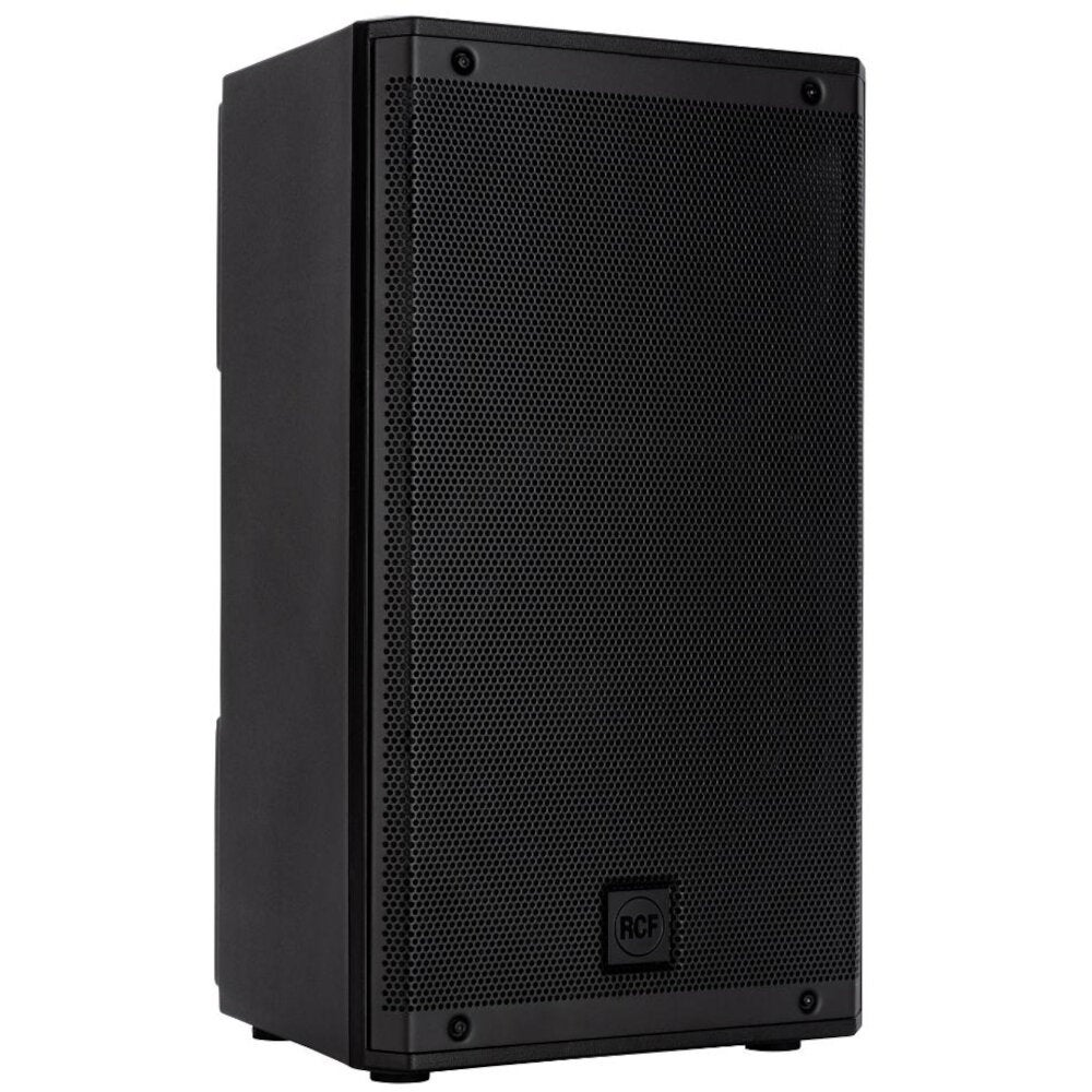 A black RCF speaker stands upright against a white background.