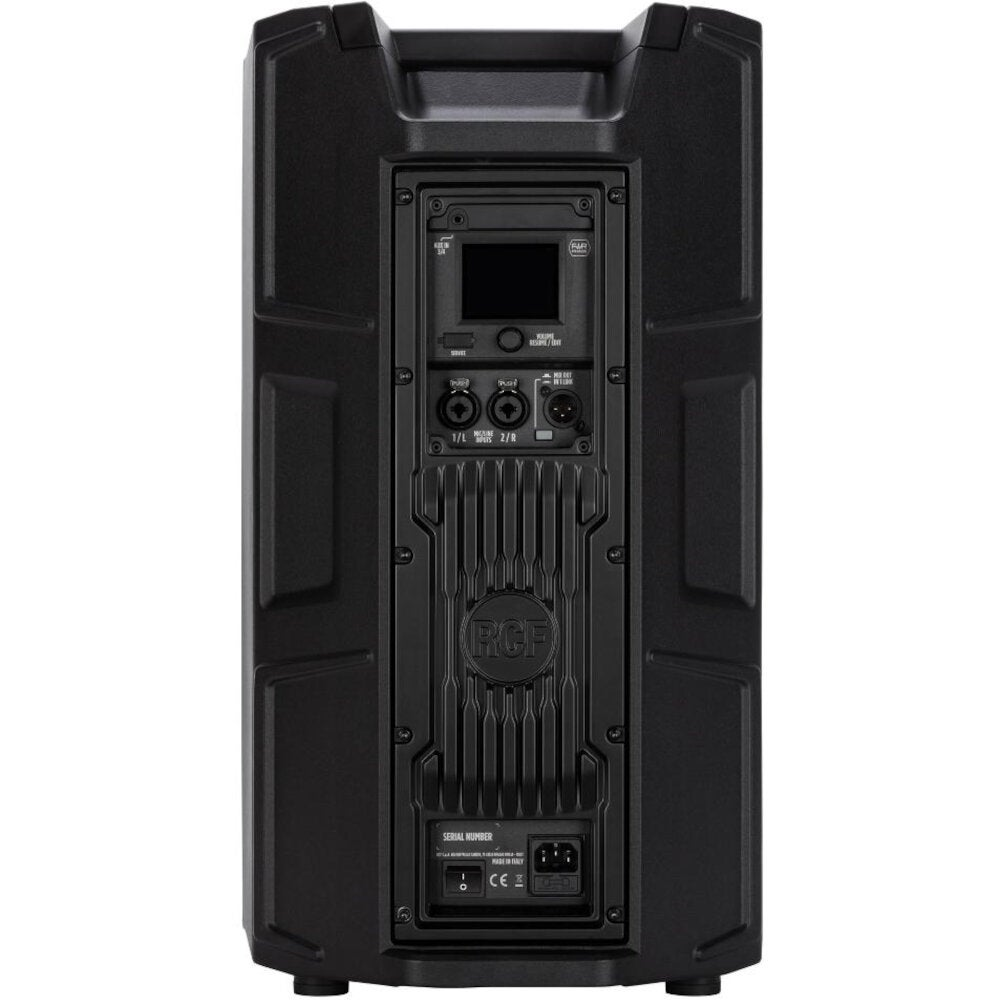Back of a black RCF speaker with connections, screen, and handle.