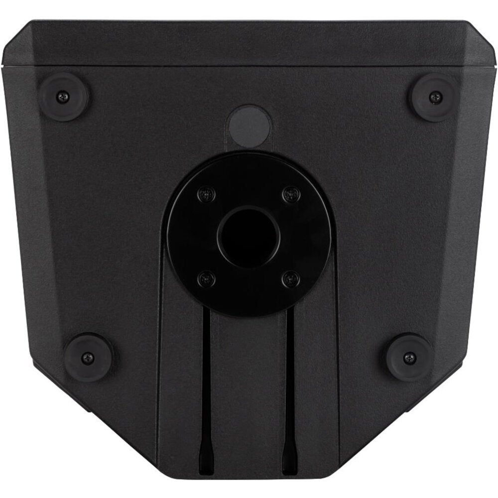 Back of a black speaker with a mounting hole and rubber feet.
