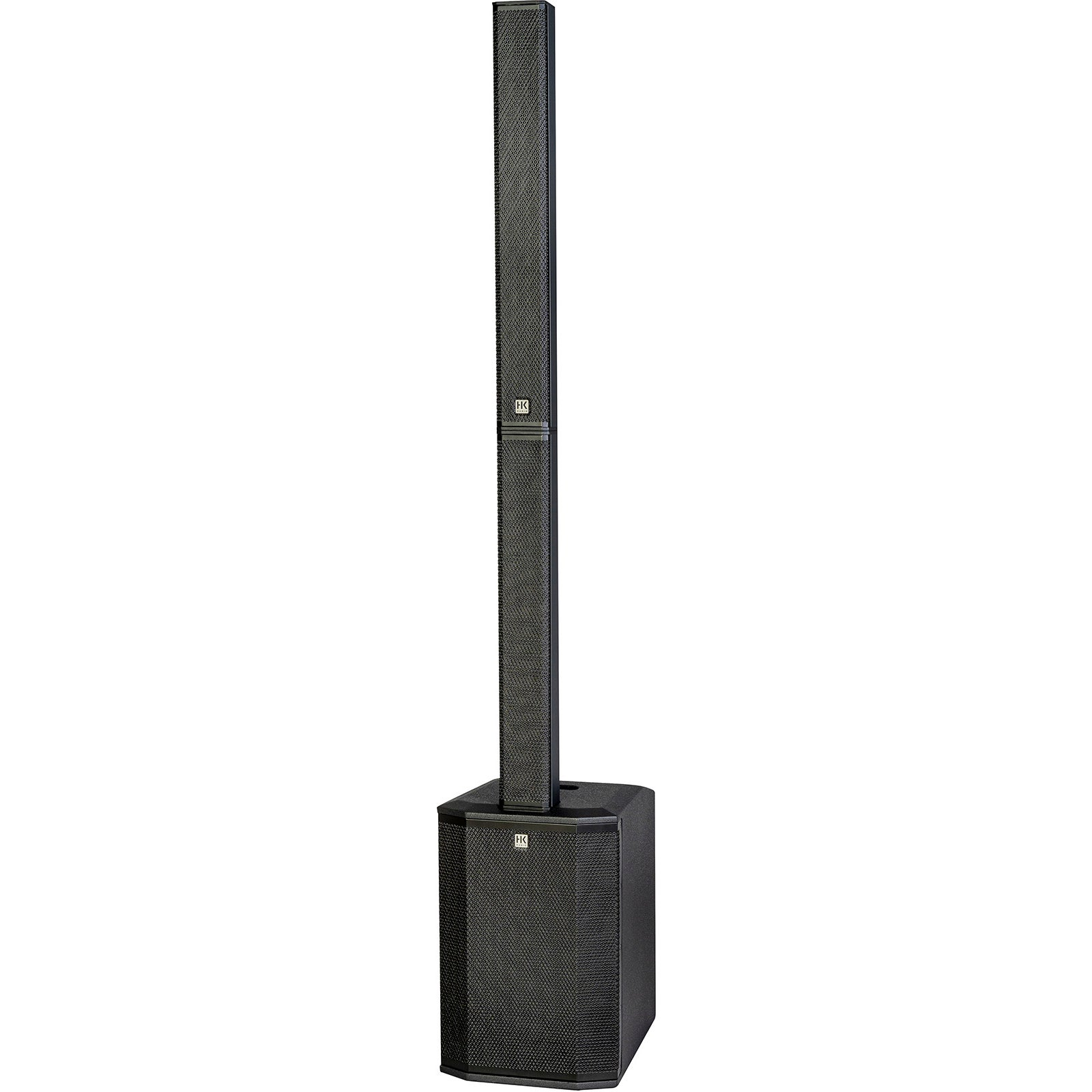 Een zwarte kolomluidspreker met een subwoofervoet en een verticale luidsprekermodule.