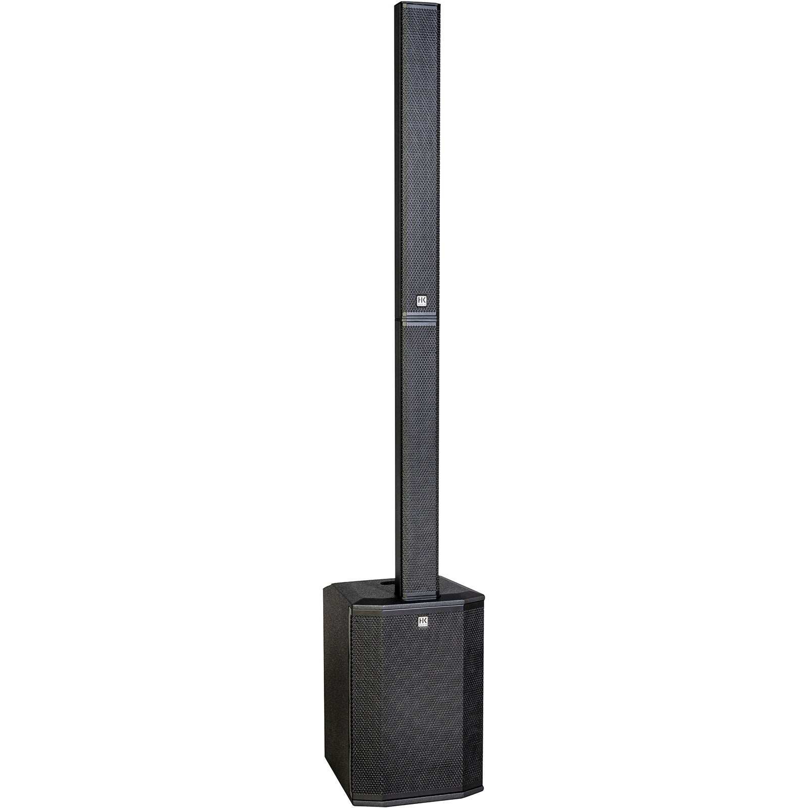Zwarte kolomluidspreker met subwoofer op witte achtergrond.