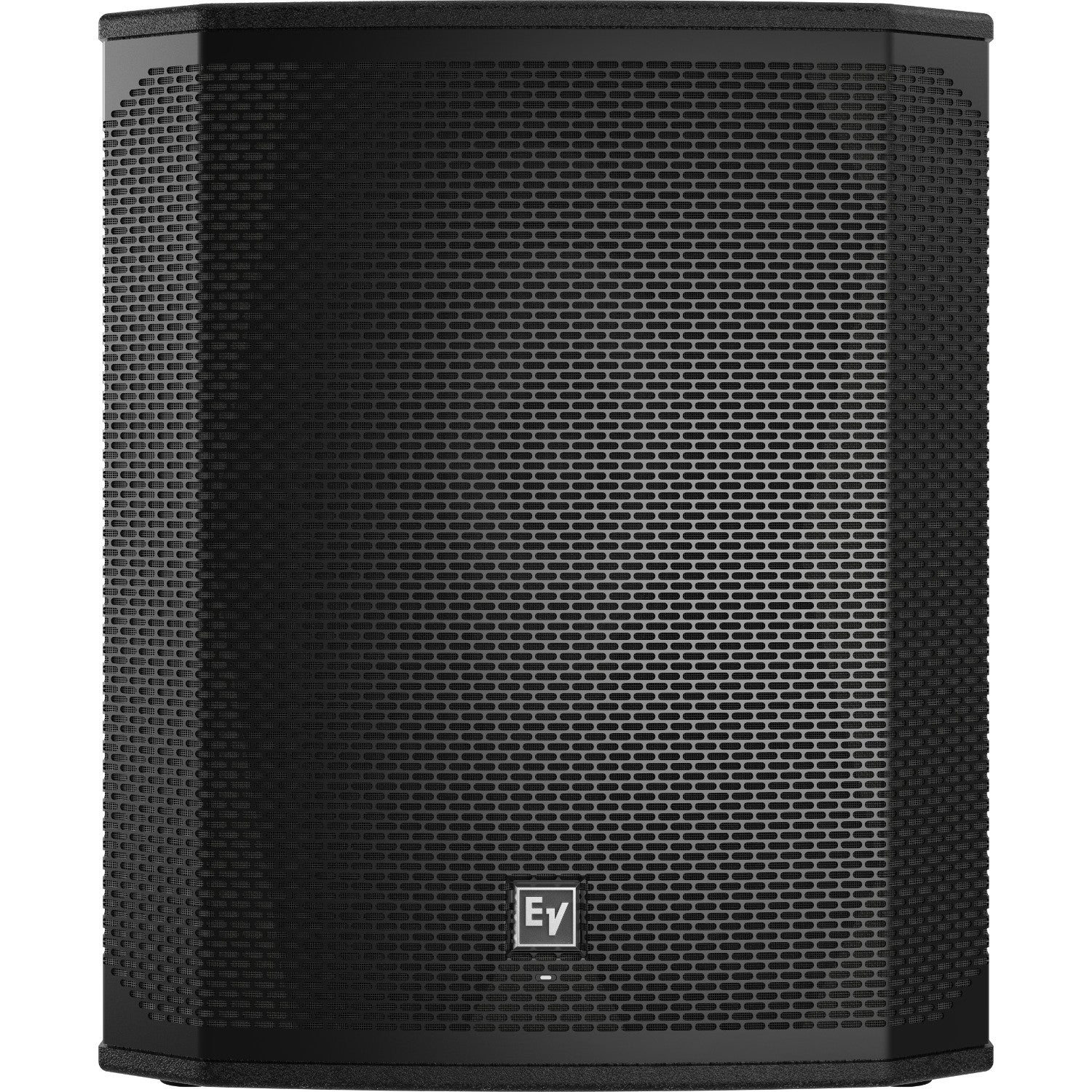 Black speaker with a perforated grille and EV logo.