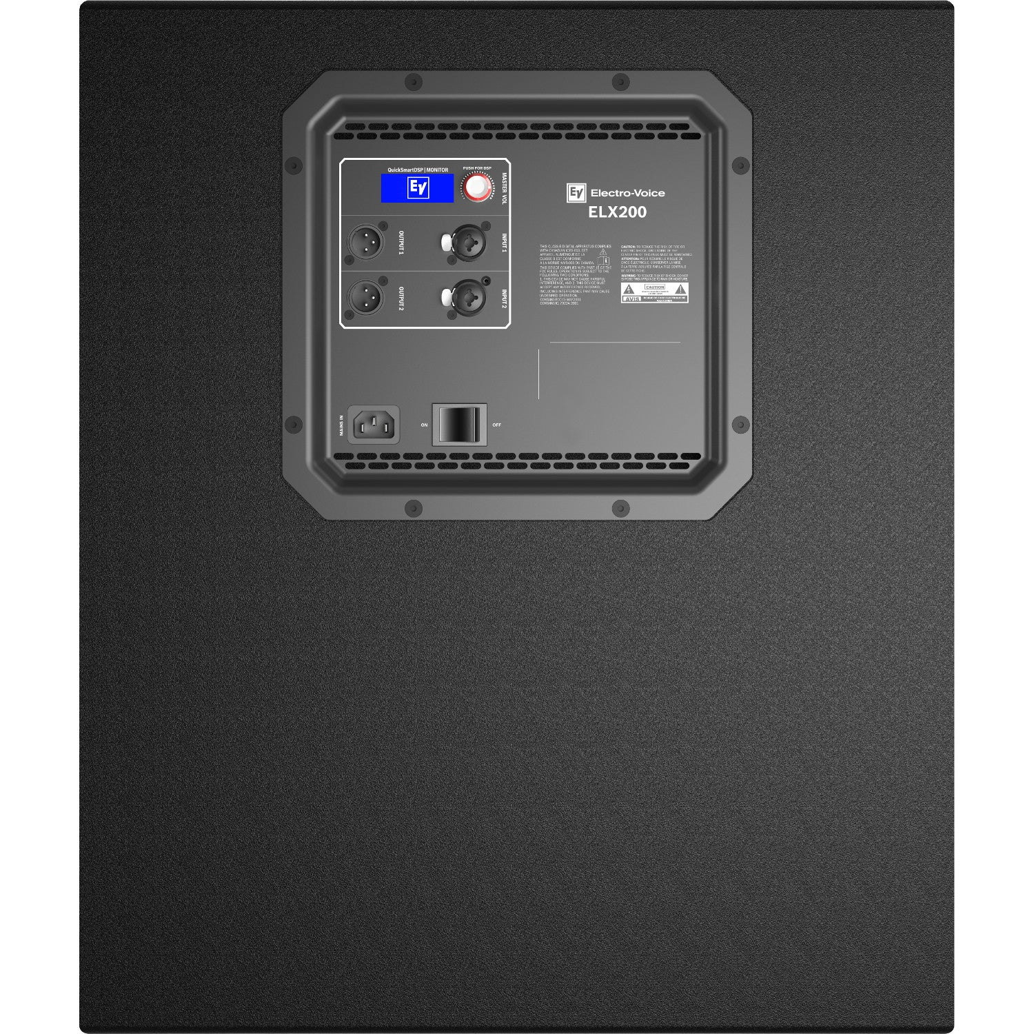 Back of a black speaker with ports and controls. Features Electro-Voice ELX200 label.