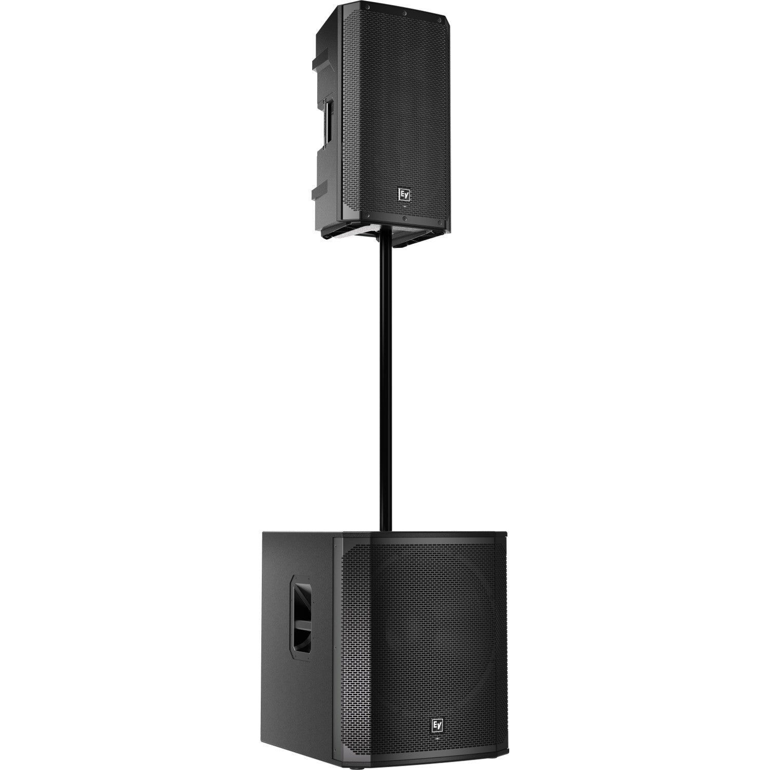 Two black speakers are mounted on a stand, a subwoofer at the bottom, a top unit above.