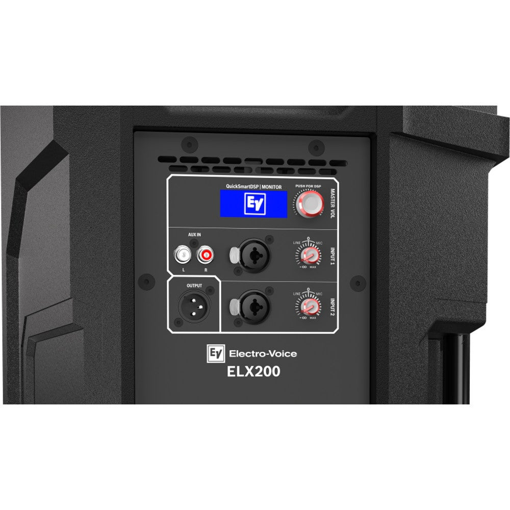 Electro-Voice ELX200 luidspreker bedieningspaneel met poorten en knoppen.