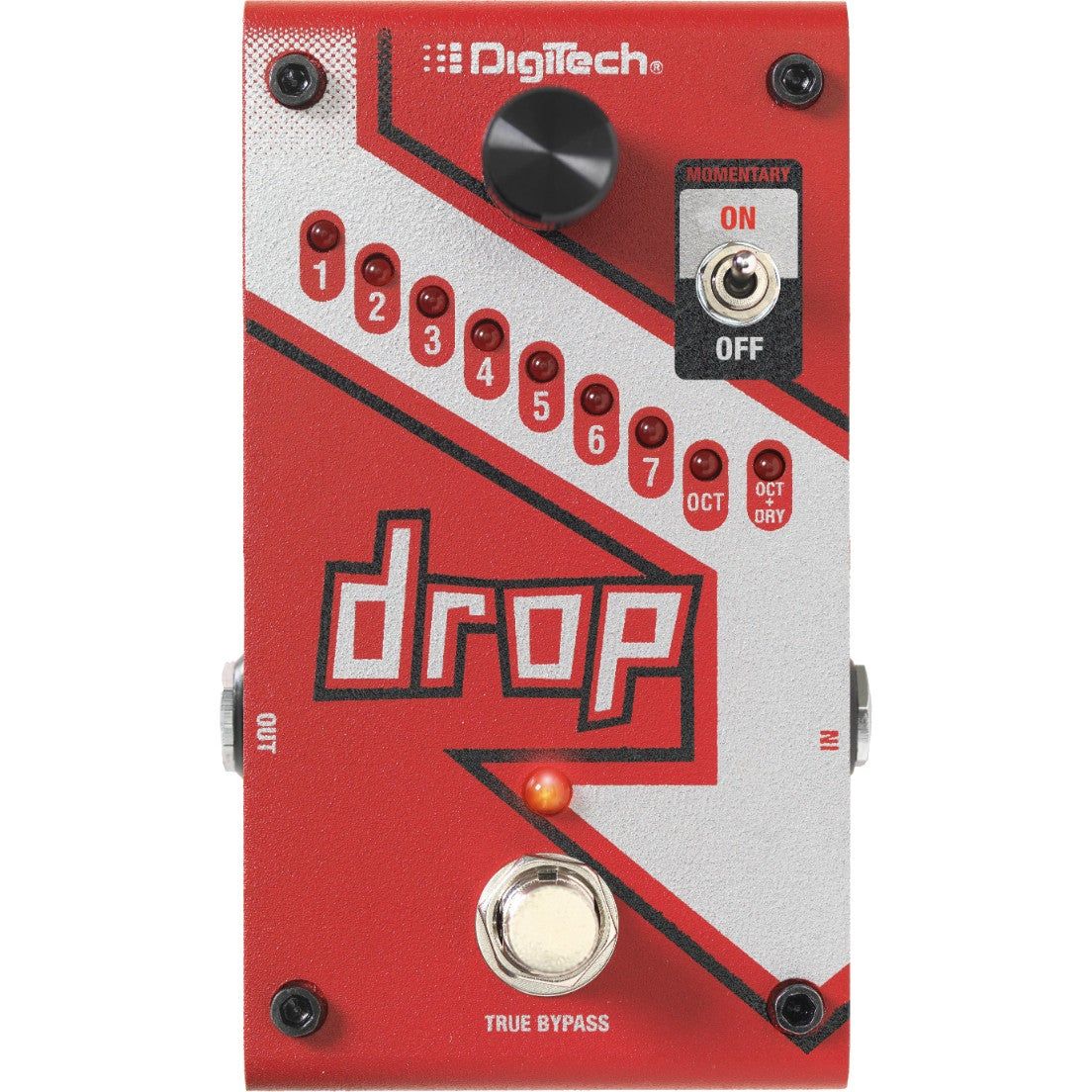 A red Digitech drop pedal with seven octave buttons, a toggle switch and a footswitch.