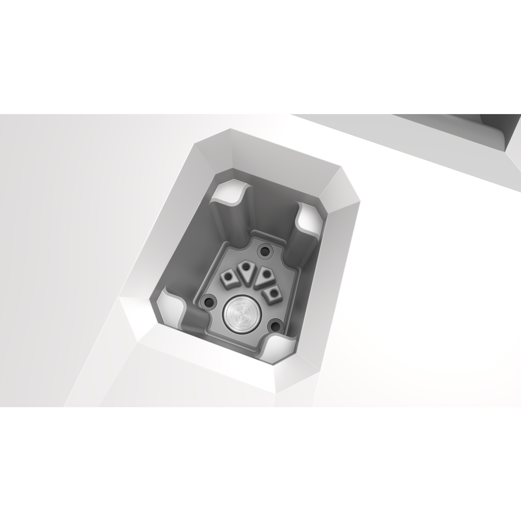 Grijze opname van een witte geometrische container met een metalen ronde inzet.