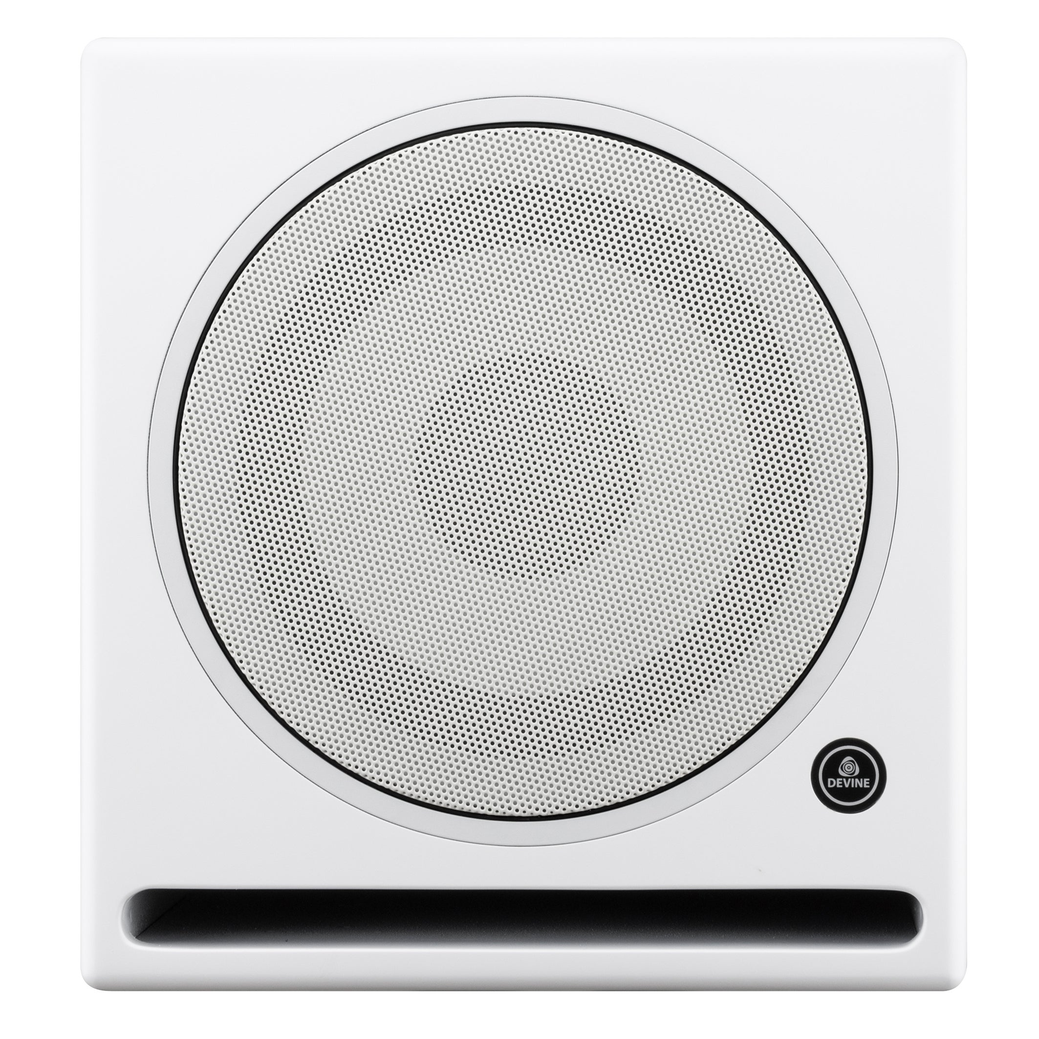 A white subwoofer with a round, perforated speaker grille and a vent slot.
