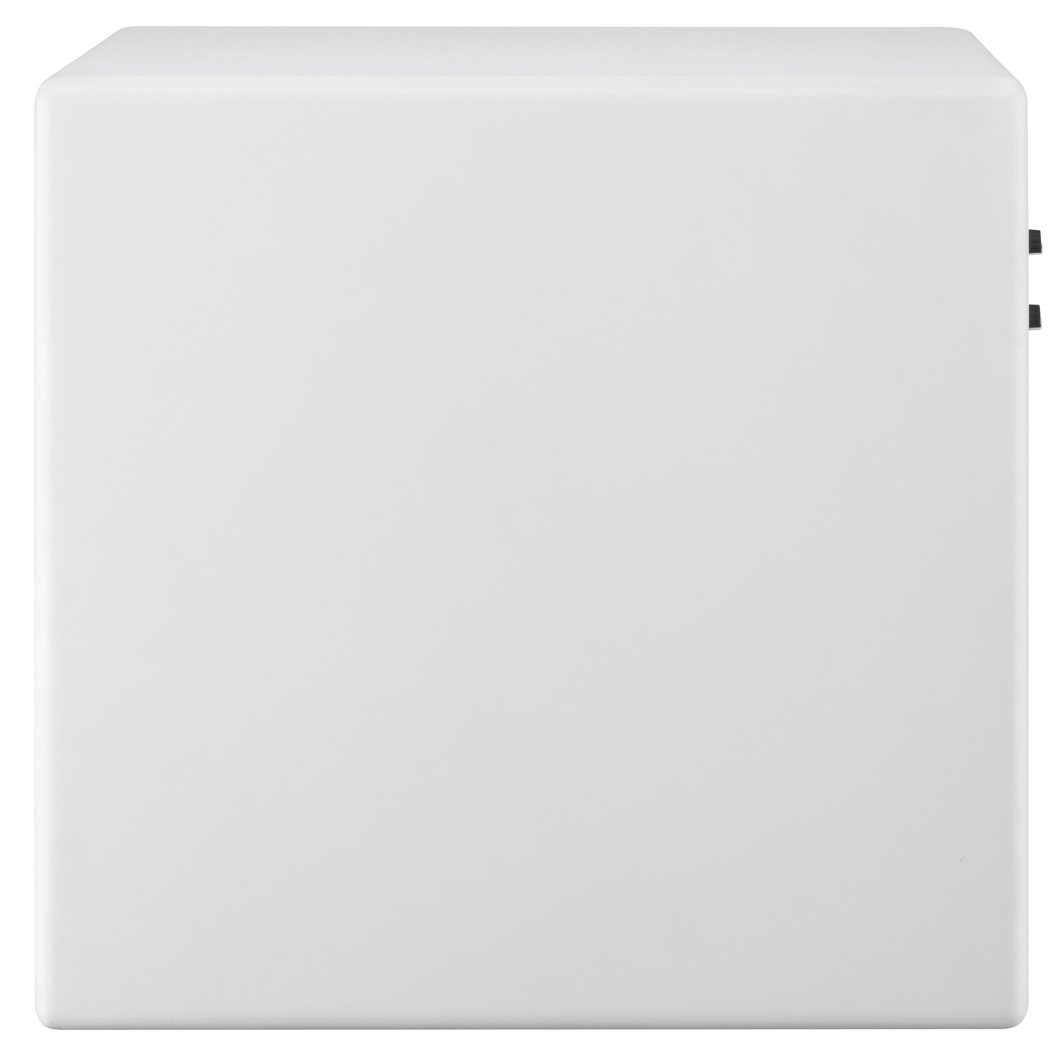 A white box with two black buttons on the right side.