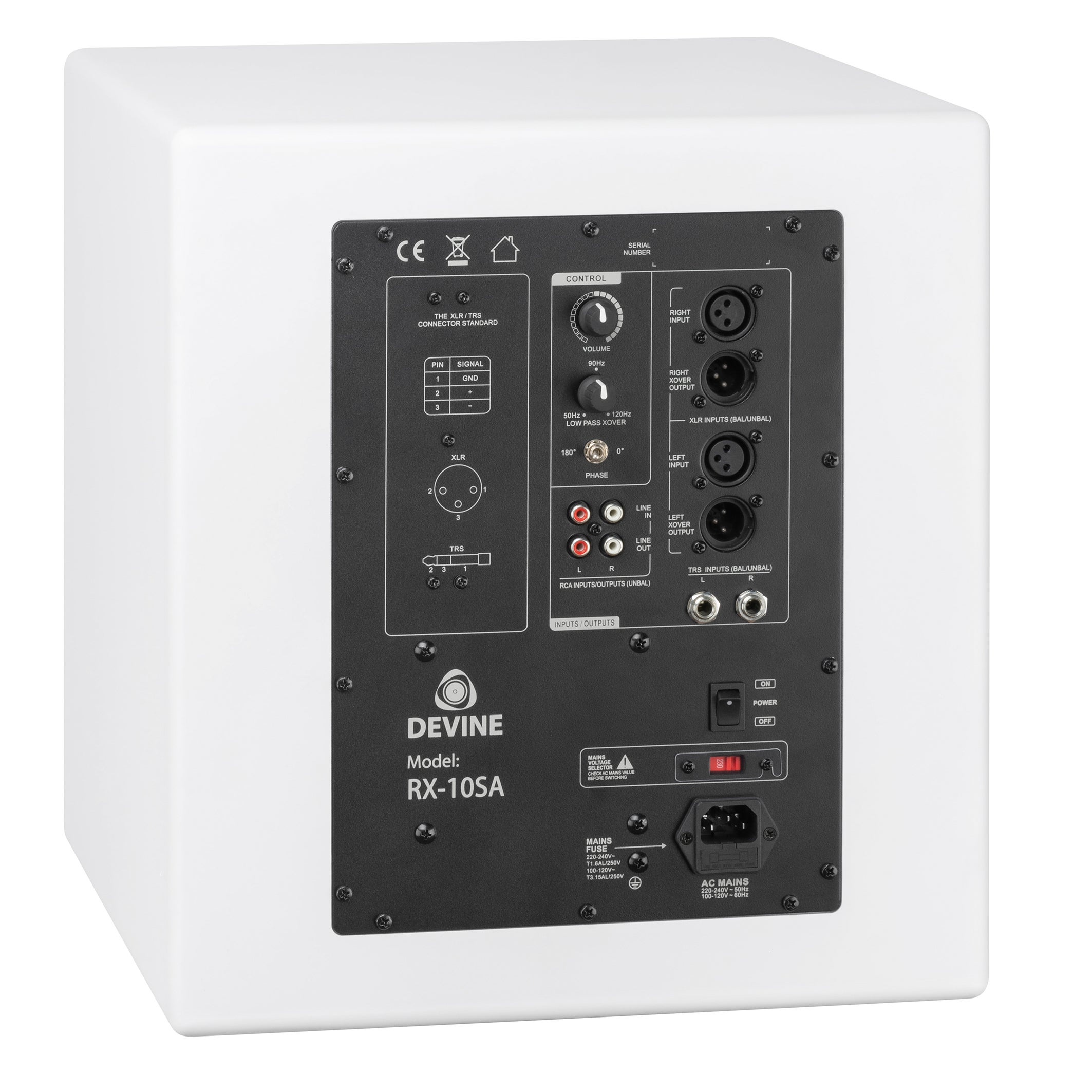 Rear panel of a white subwoofer with connections and controls.