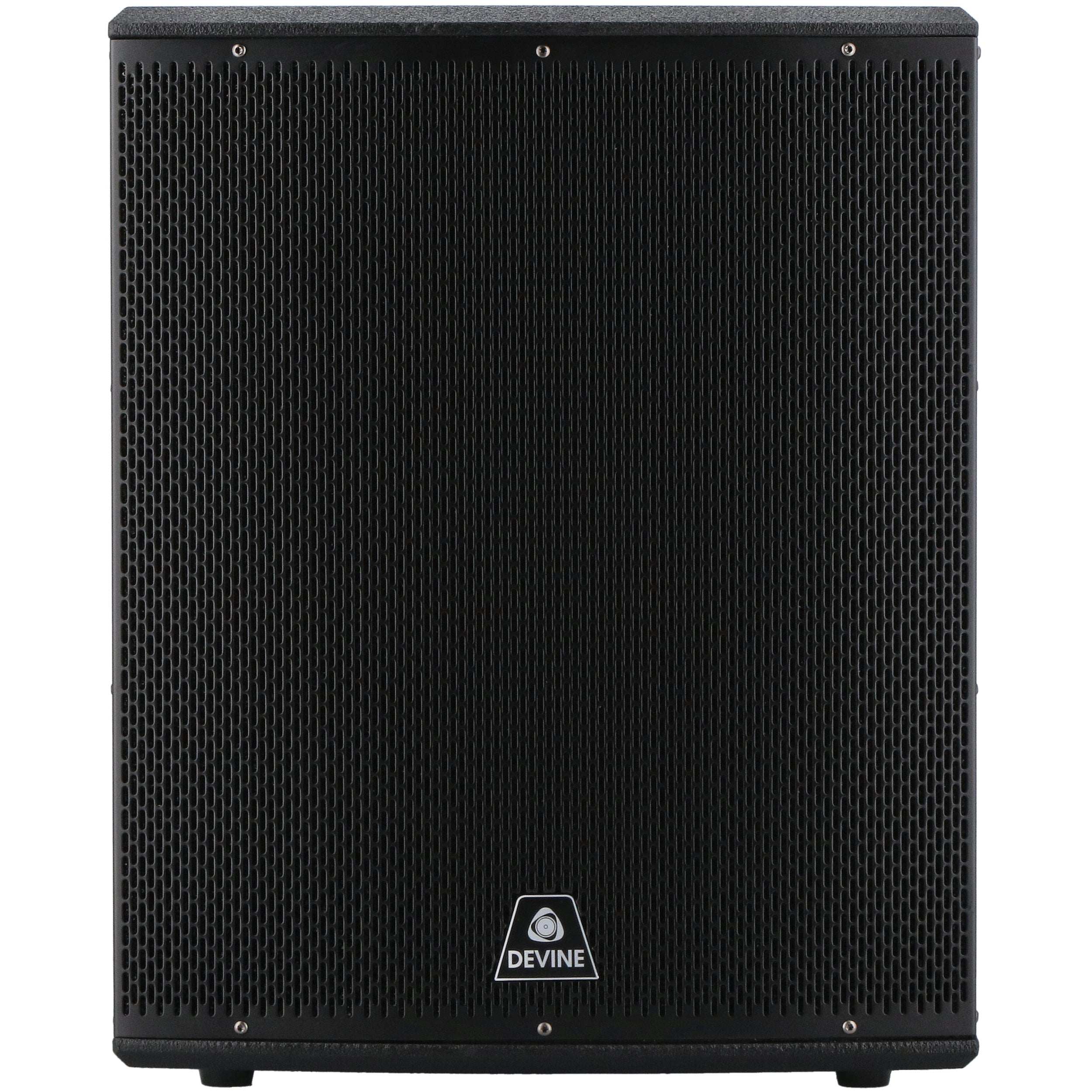 Black speaker with a grille and brand logo at the bottom.