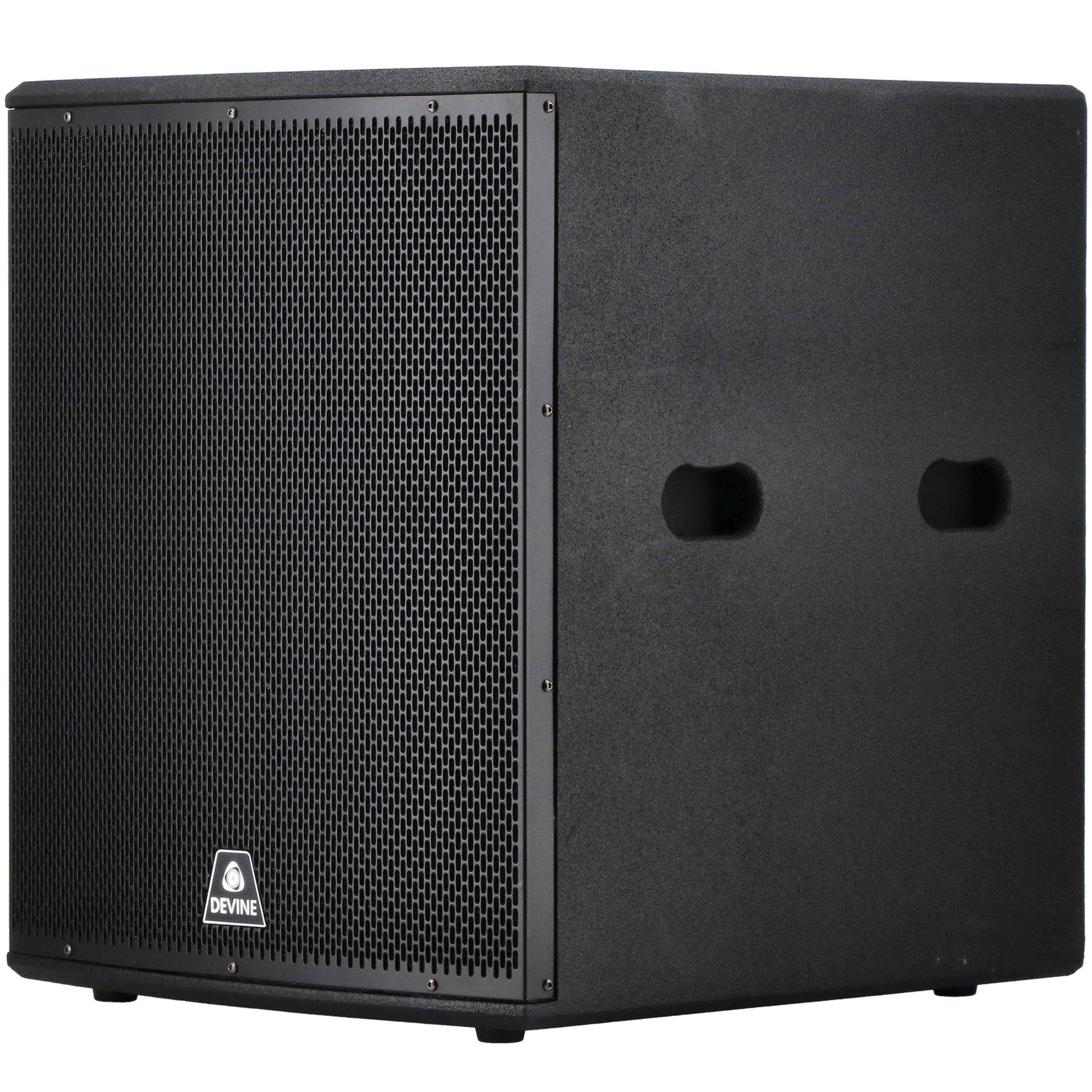 Black subwoofer with a black metal grille and Devine logo on the front.