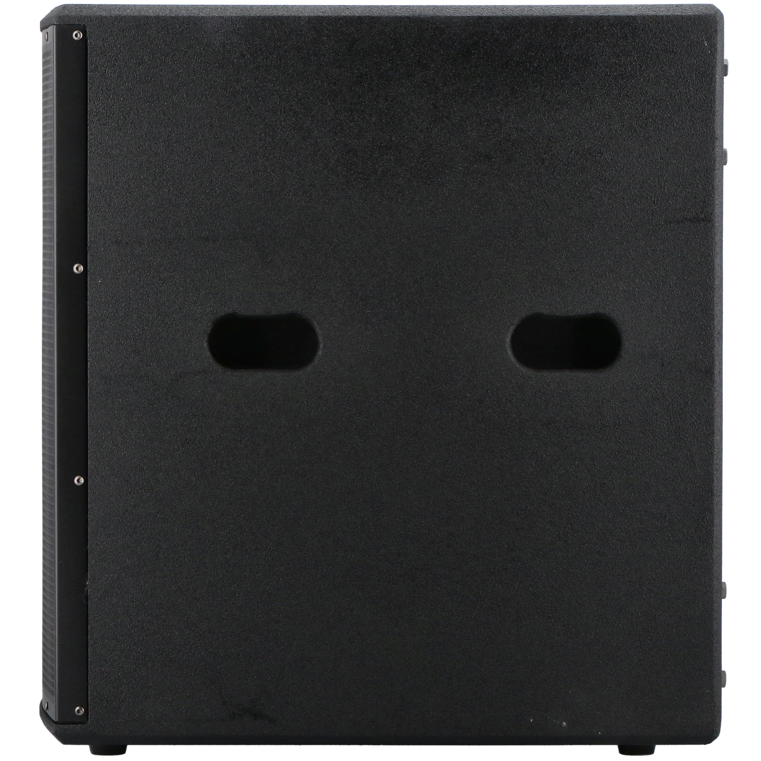 Black speaker with recessed handles and metal edges.