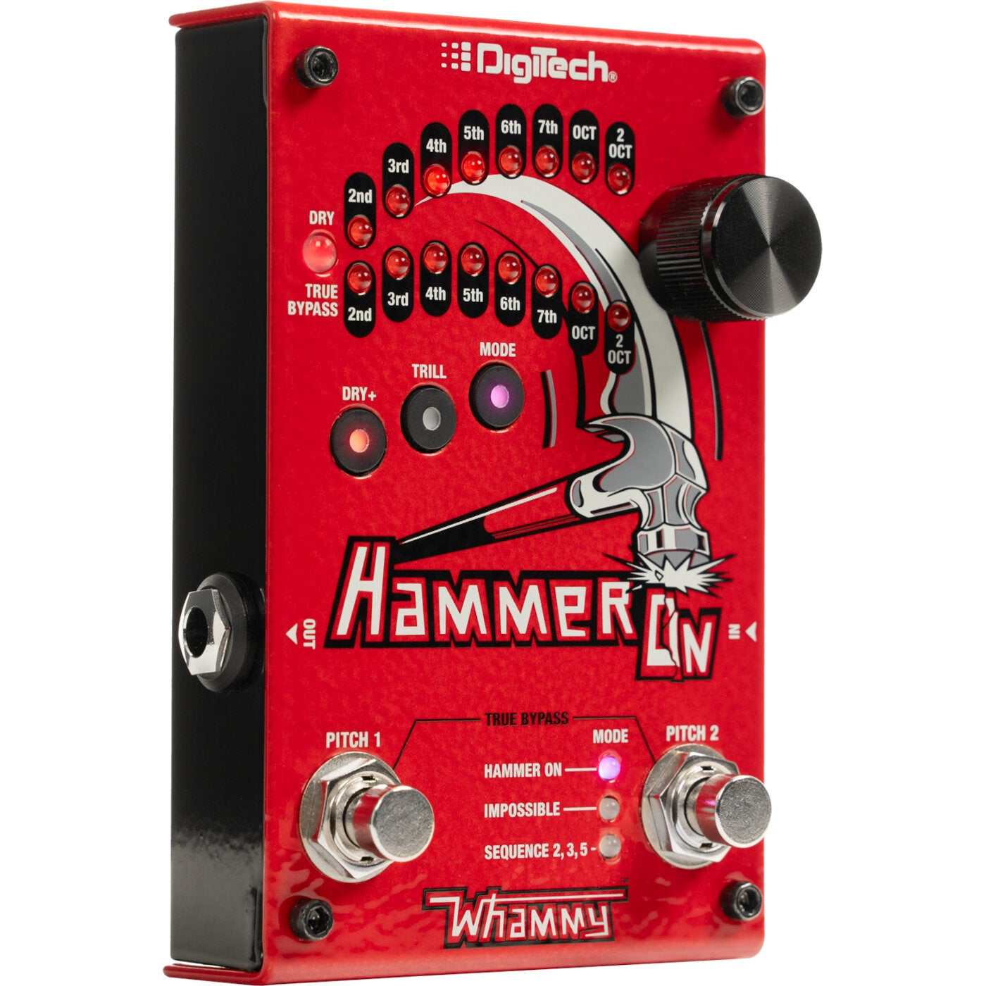 Czerwony pedał efektów gitarowych Digitech Whammy z grafiką młota, wieloma przyciskami i światłami.