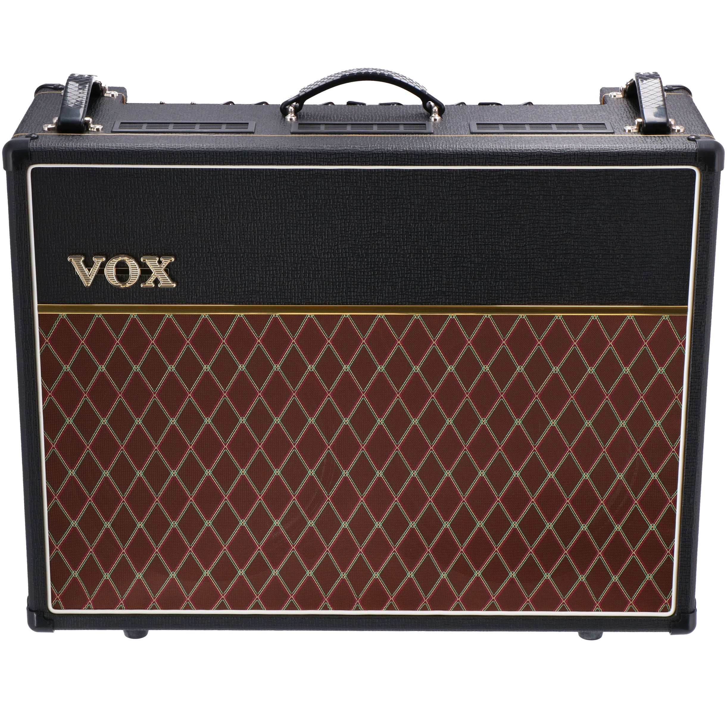 A black VOX guitar amplifier with a red diamond pattern grille and gold logo.