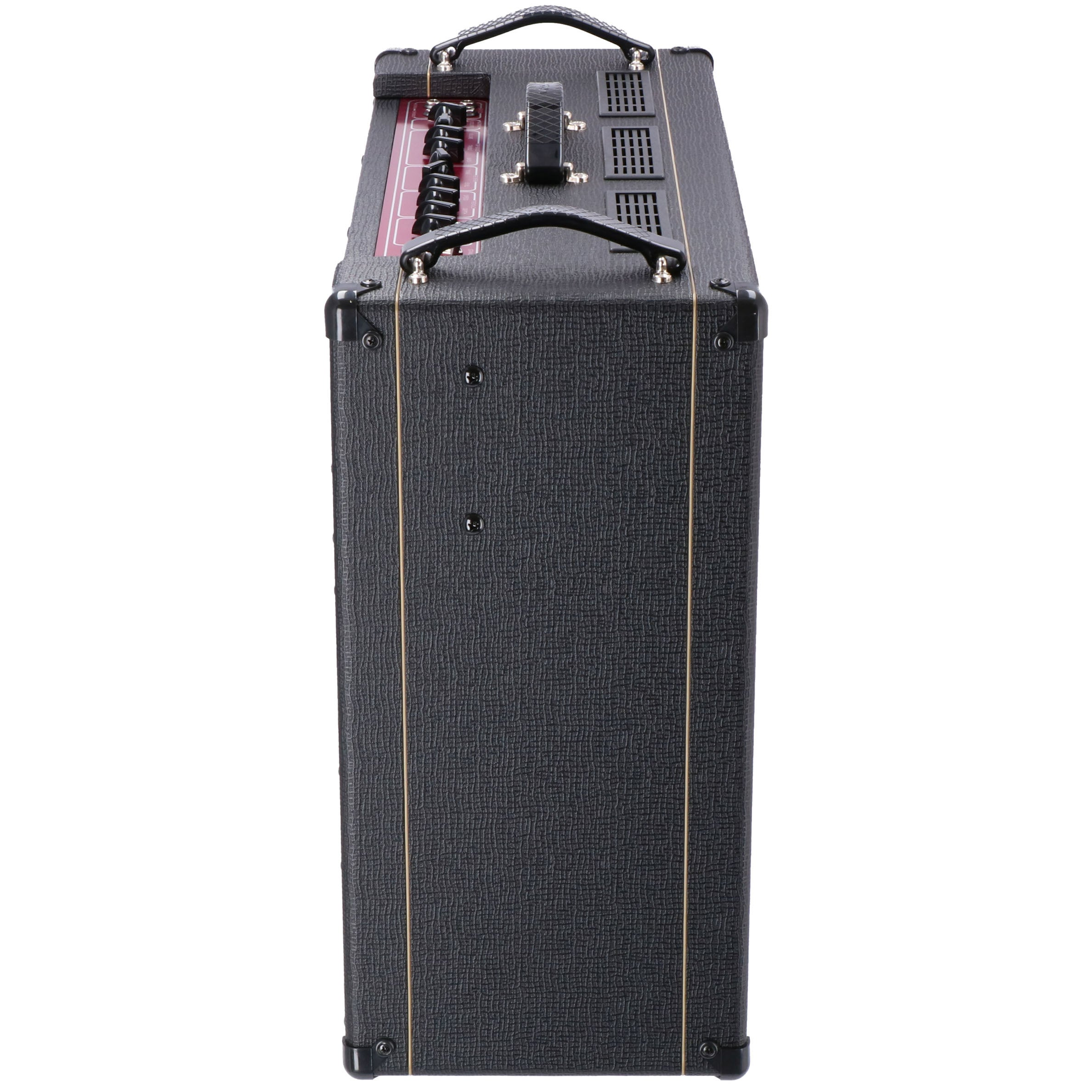 Black guitar amplifier with handles, knobs, and ventilation grilles.