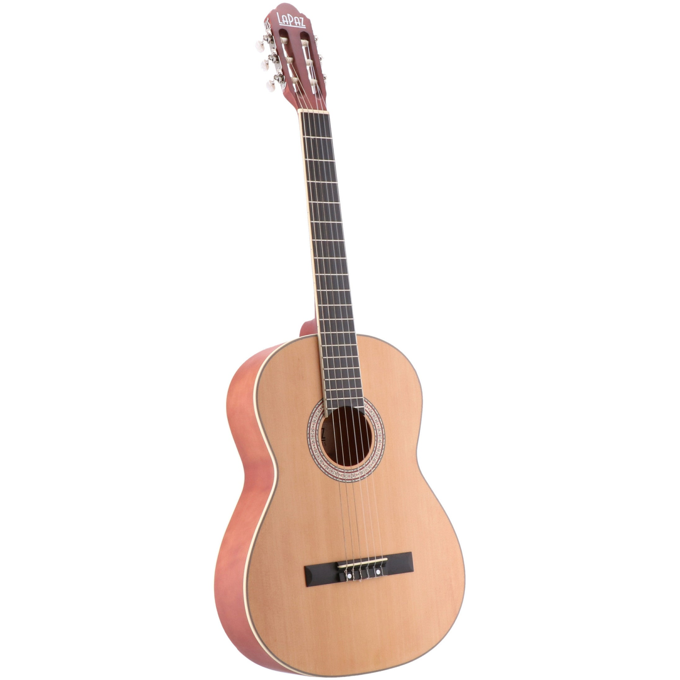 A brown acoustic guitar with six strings stands upright.
