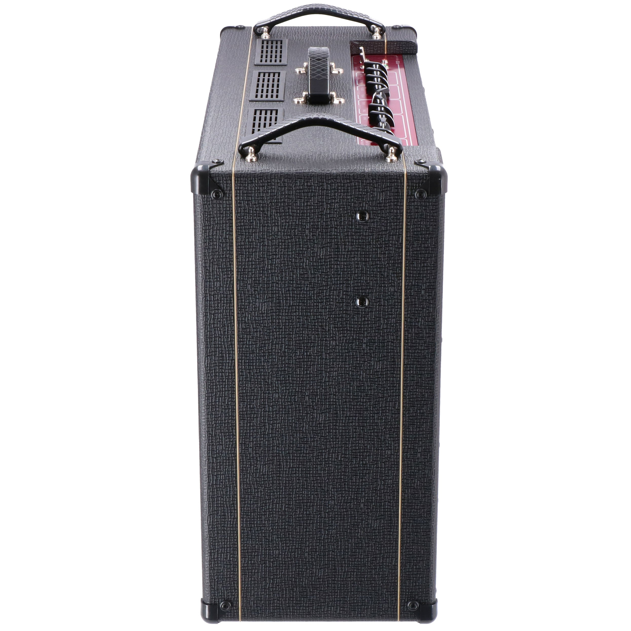 A black guitar amplifier with handles on top and control knobs.