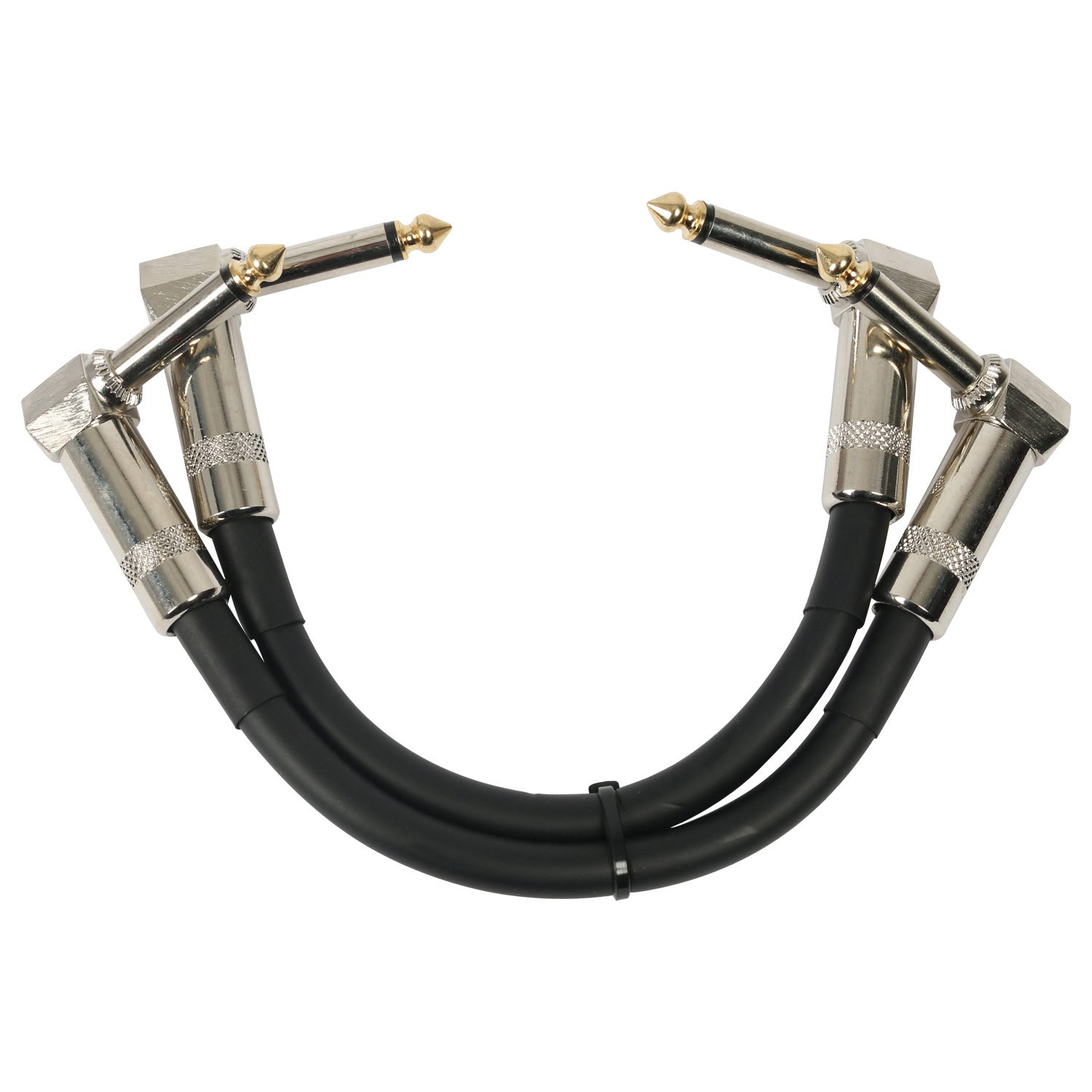 Two black audio cables with 90-degree plugs and gold tips.