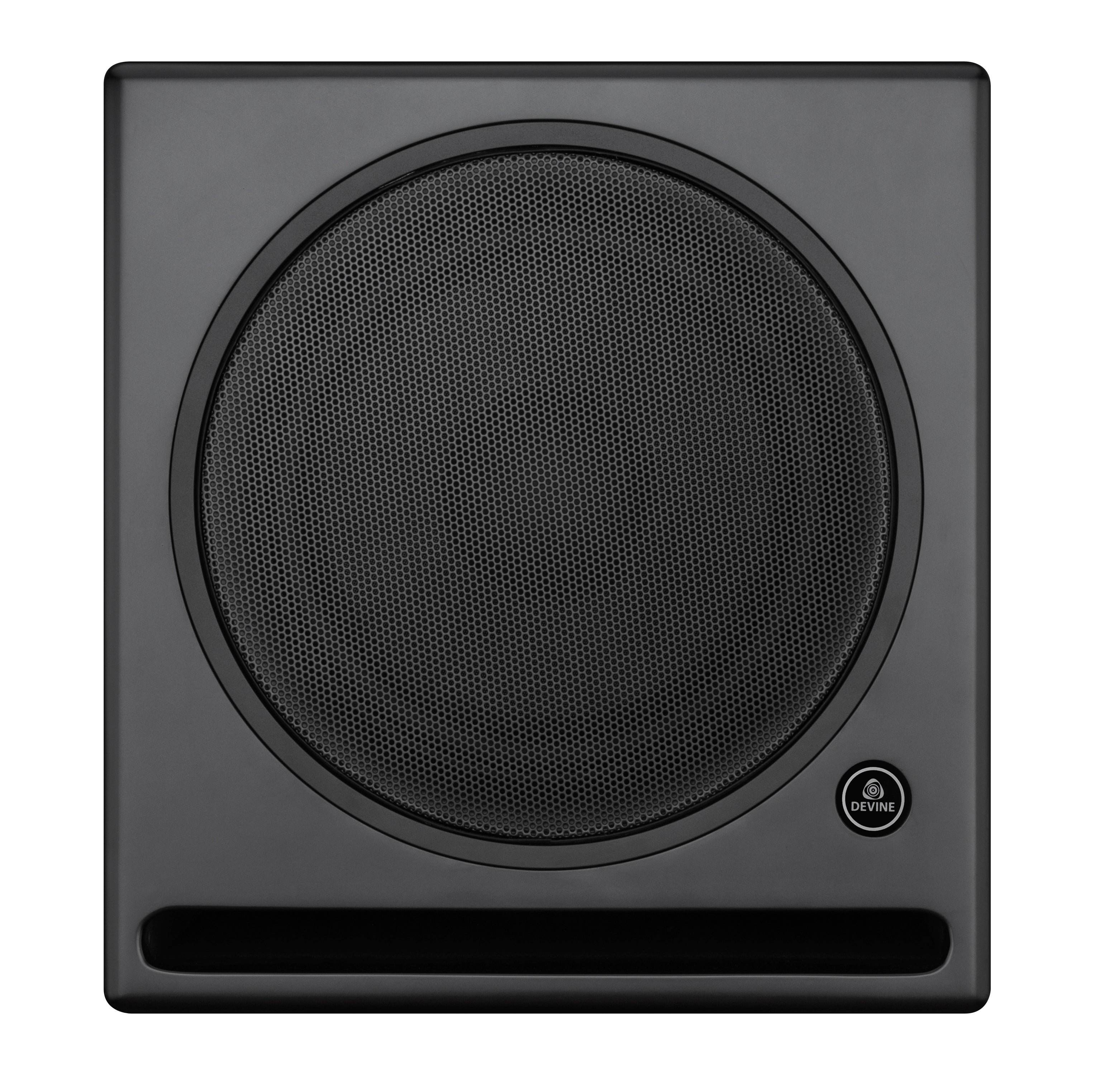 Black subwoofer with round, honeycomb grille and a logo plate.