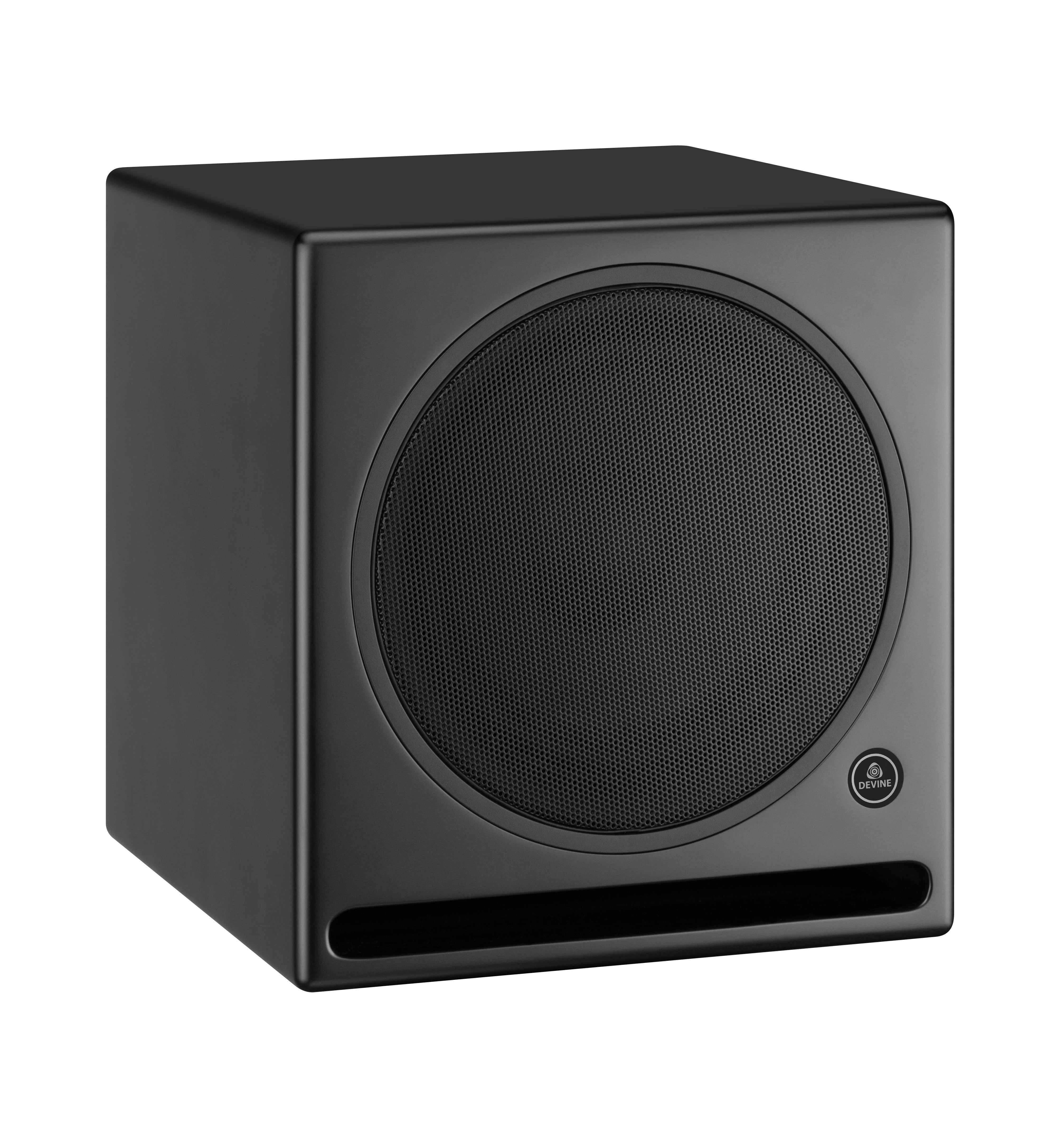 Black subwoofer with round speaker grille and "Devine" logo.