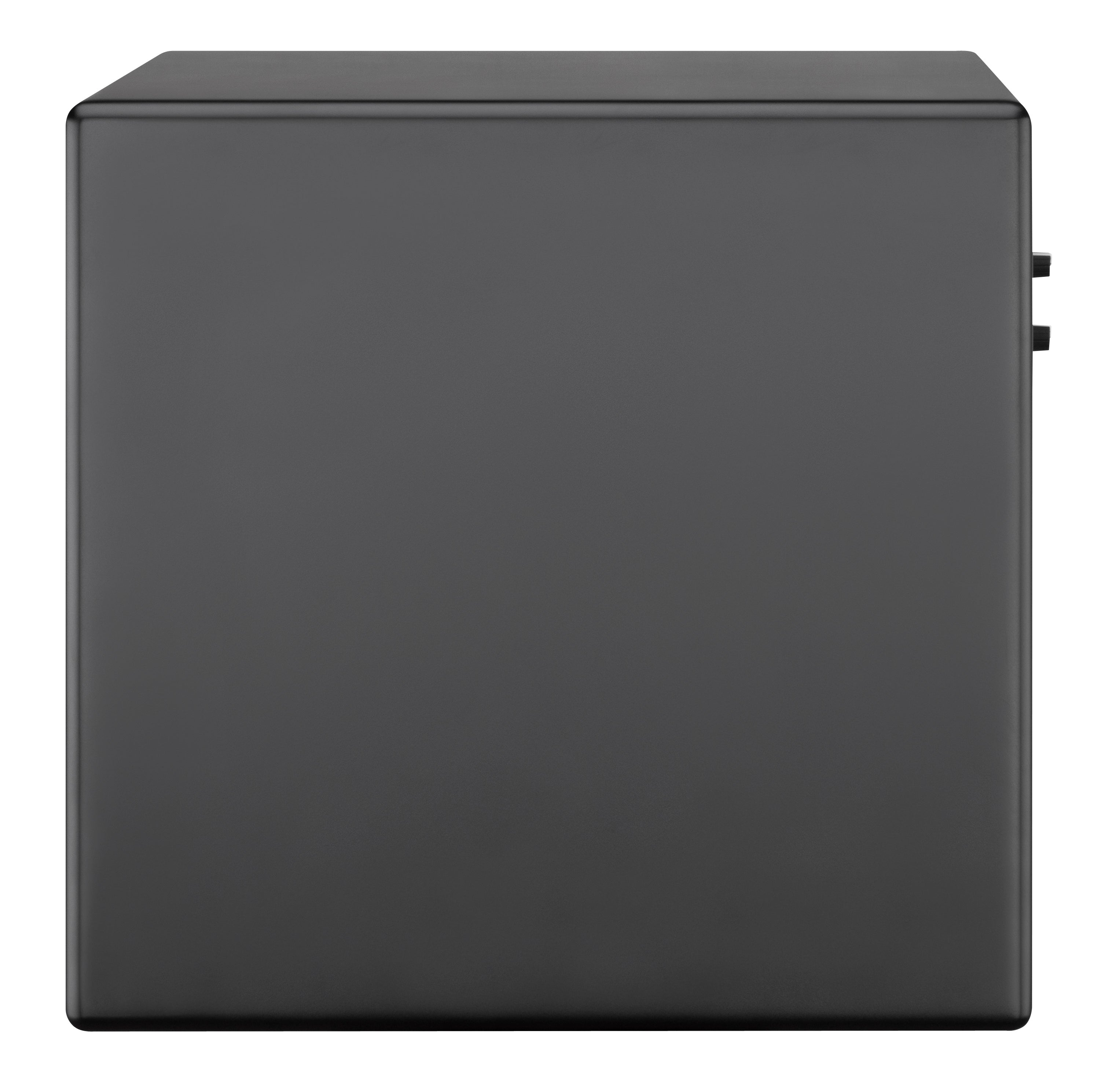Black box with rounded edges. A knob is visible on the right side.