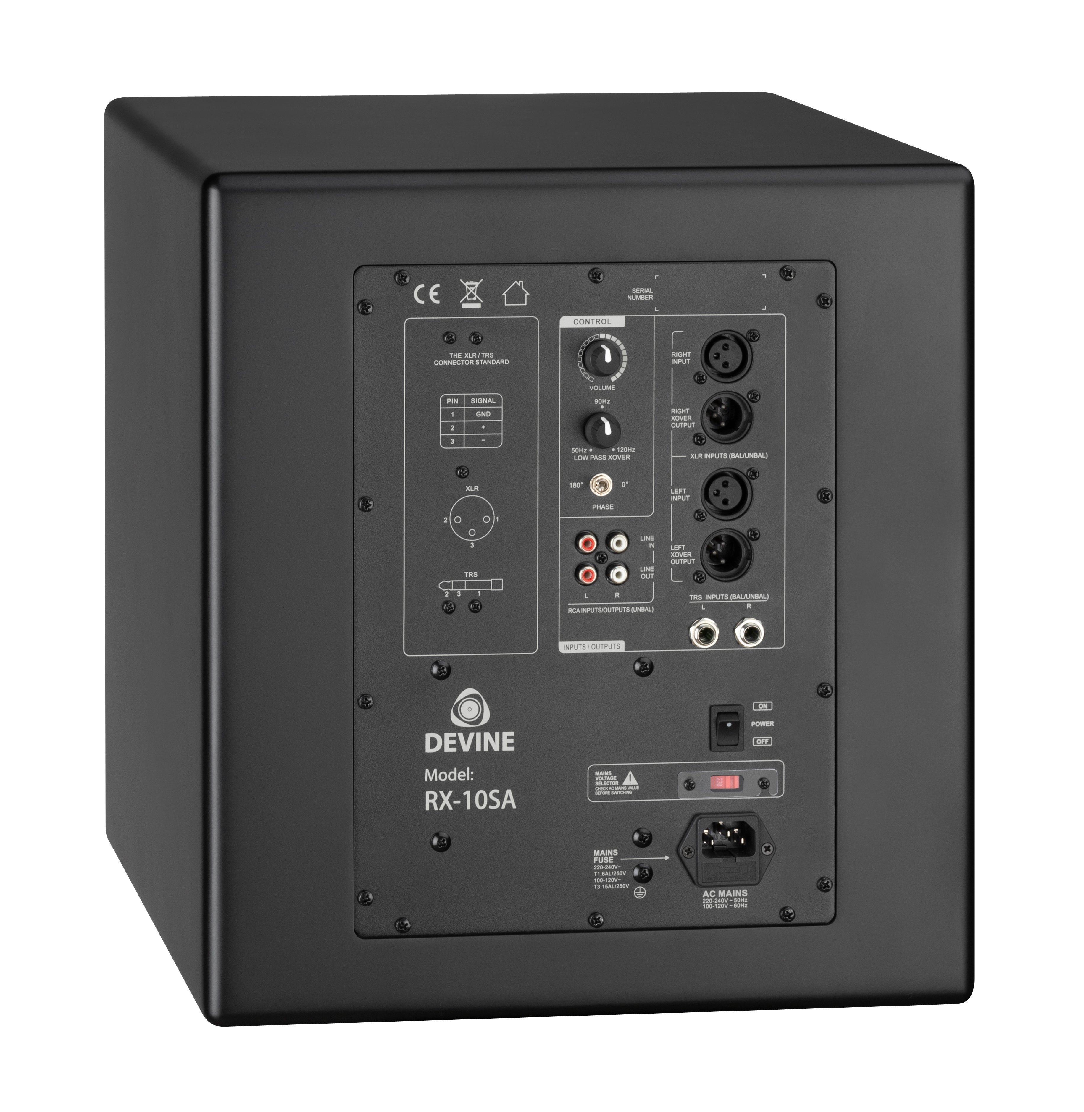 Back panel of a black subwoofer with controls, connectors, and model name RX-10SA.