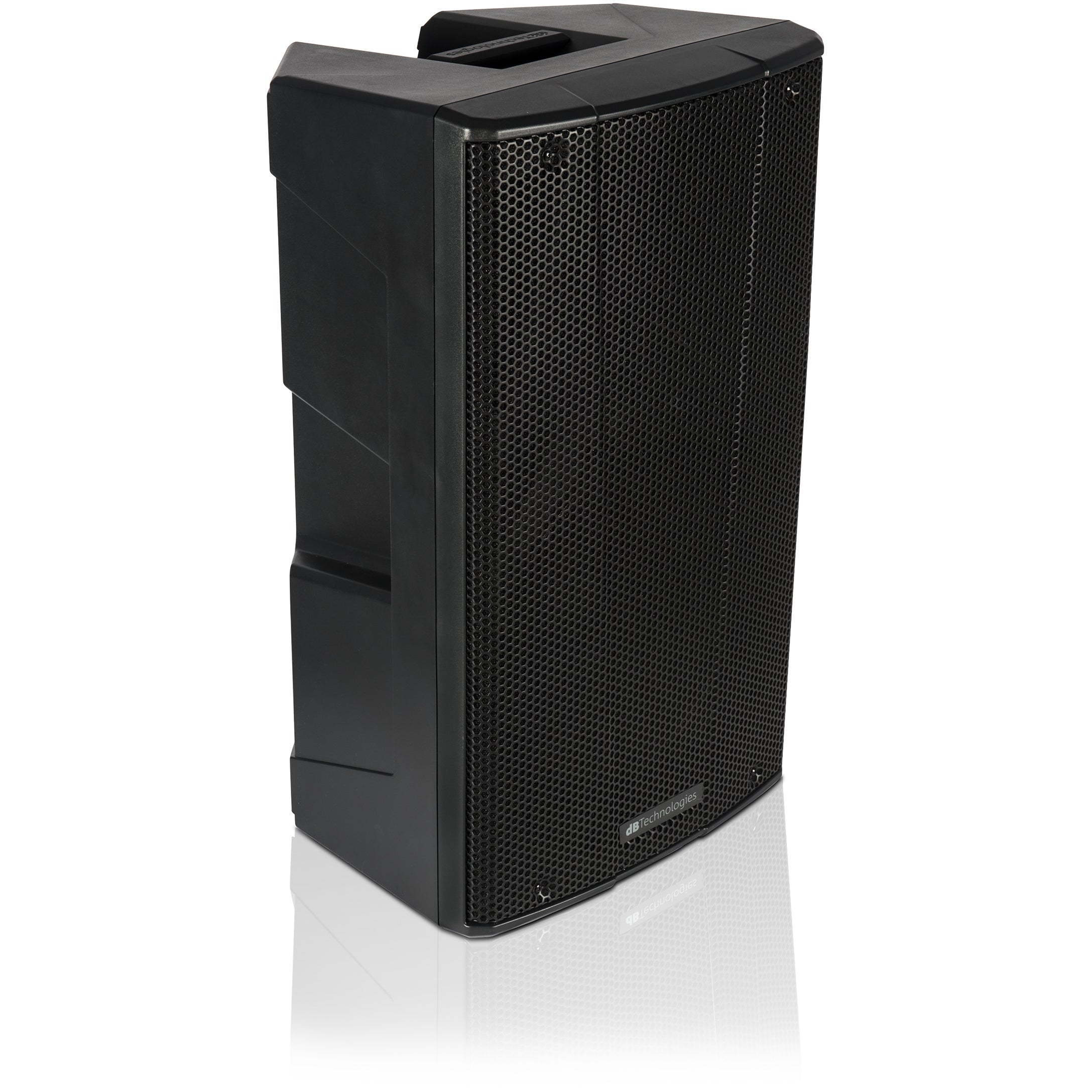 Un diffusore nero dB Technologies si erge su una superficie bianca riflettente. Il diffusore ha un frontale in rete.