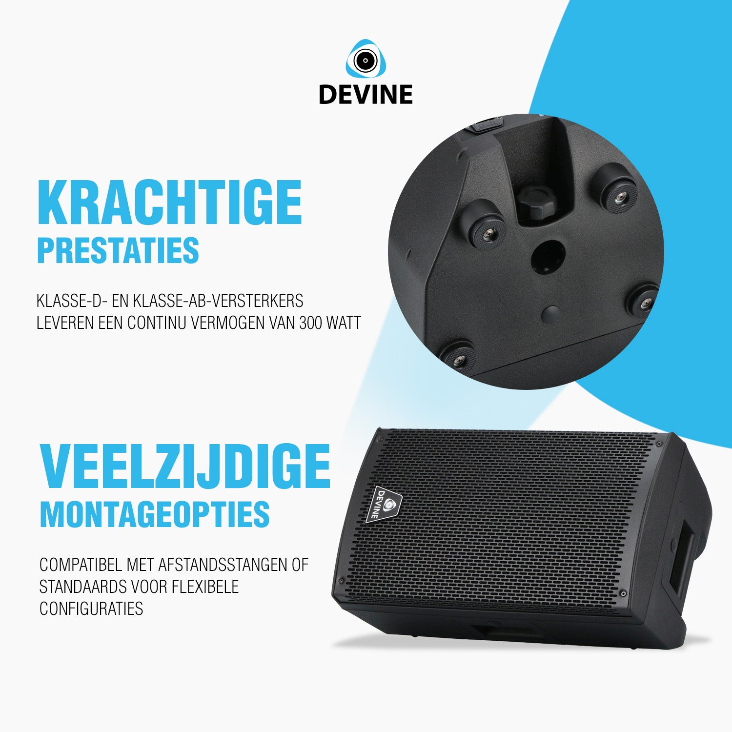 Een zwarte luidspreker met DEVINE logo. Tekst: Krachtige prestaties. Veelzijdige montage.