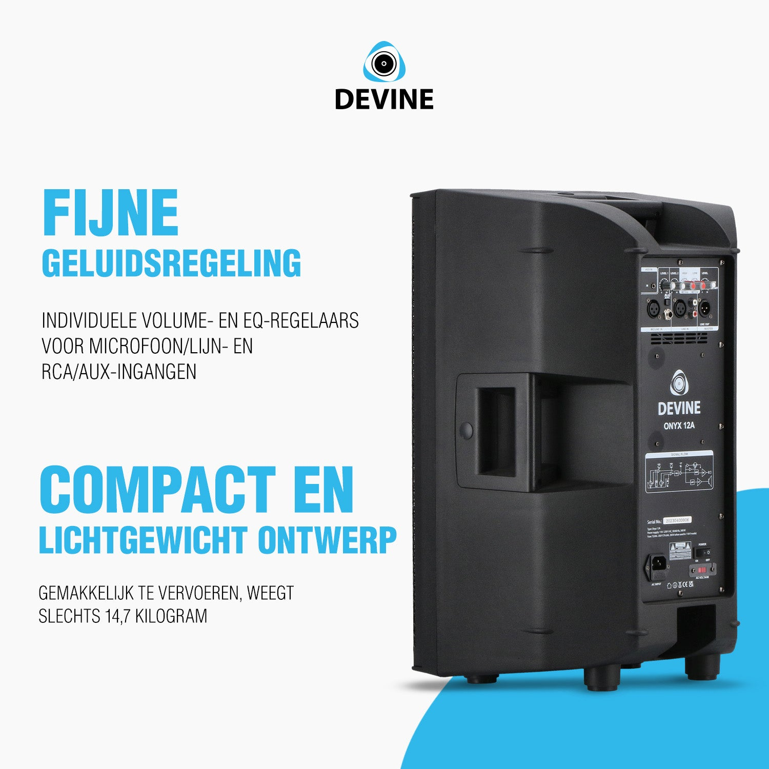 Zwarte luidspreker met tekst over fijne geluidsregeling en compact ontwerp.