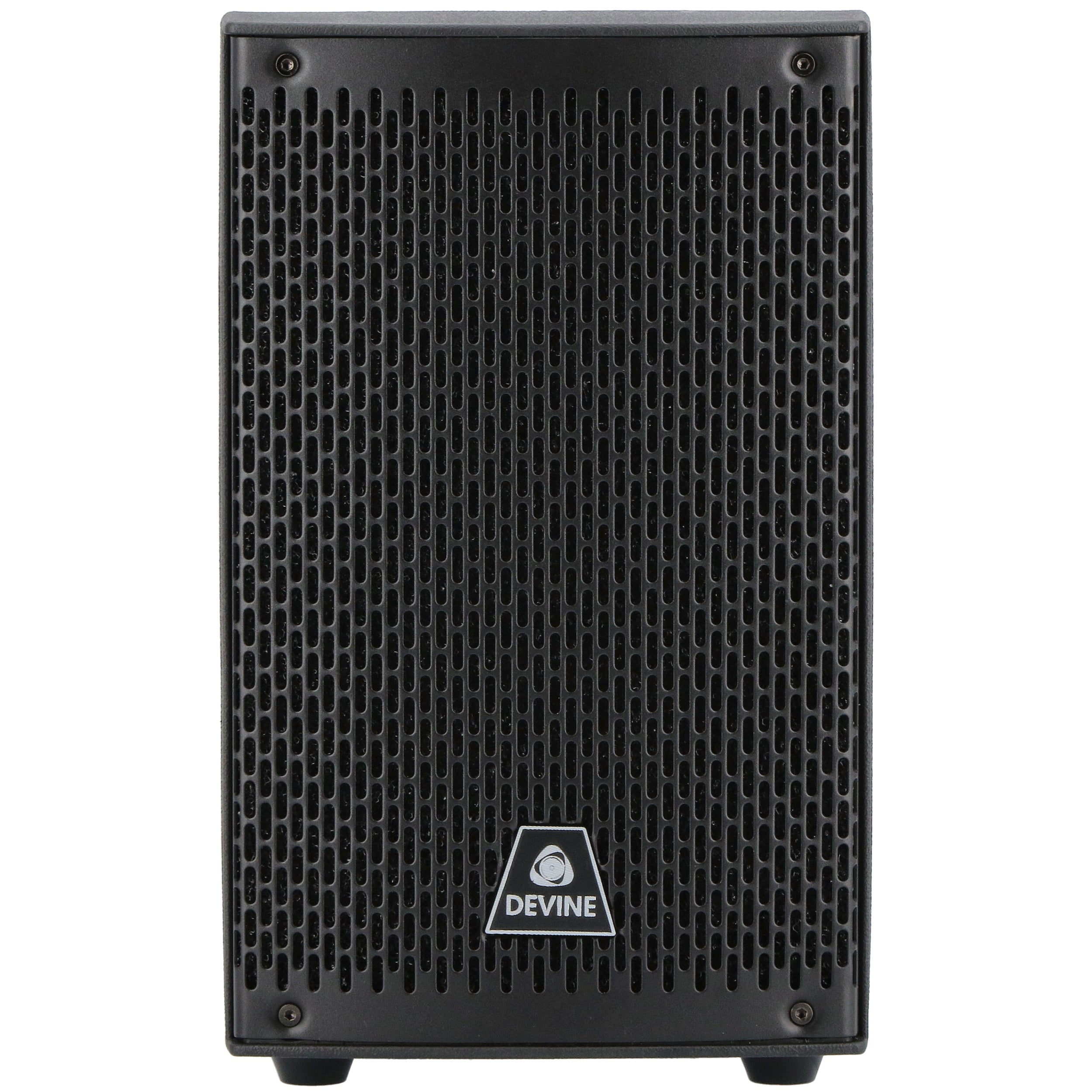 Zwarte luidspreker met grille en logo.