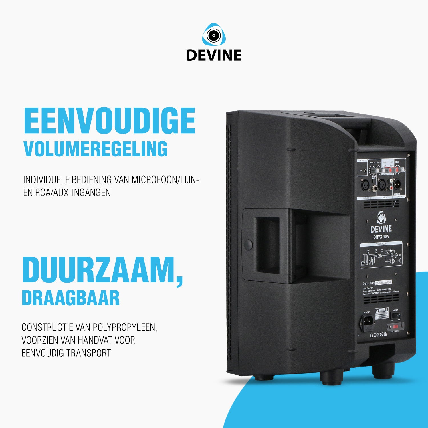 Zwarte luidspreker met aansluitingen en labels, naast Nederlandse tekst.