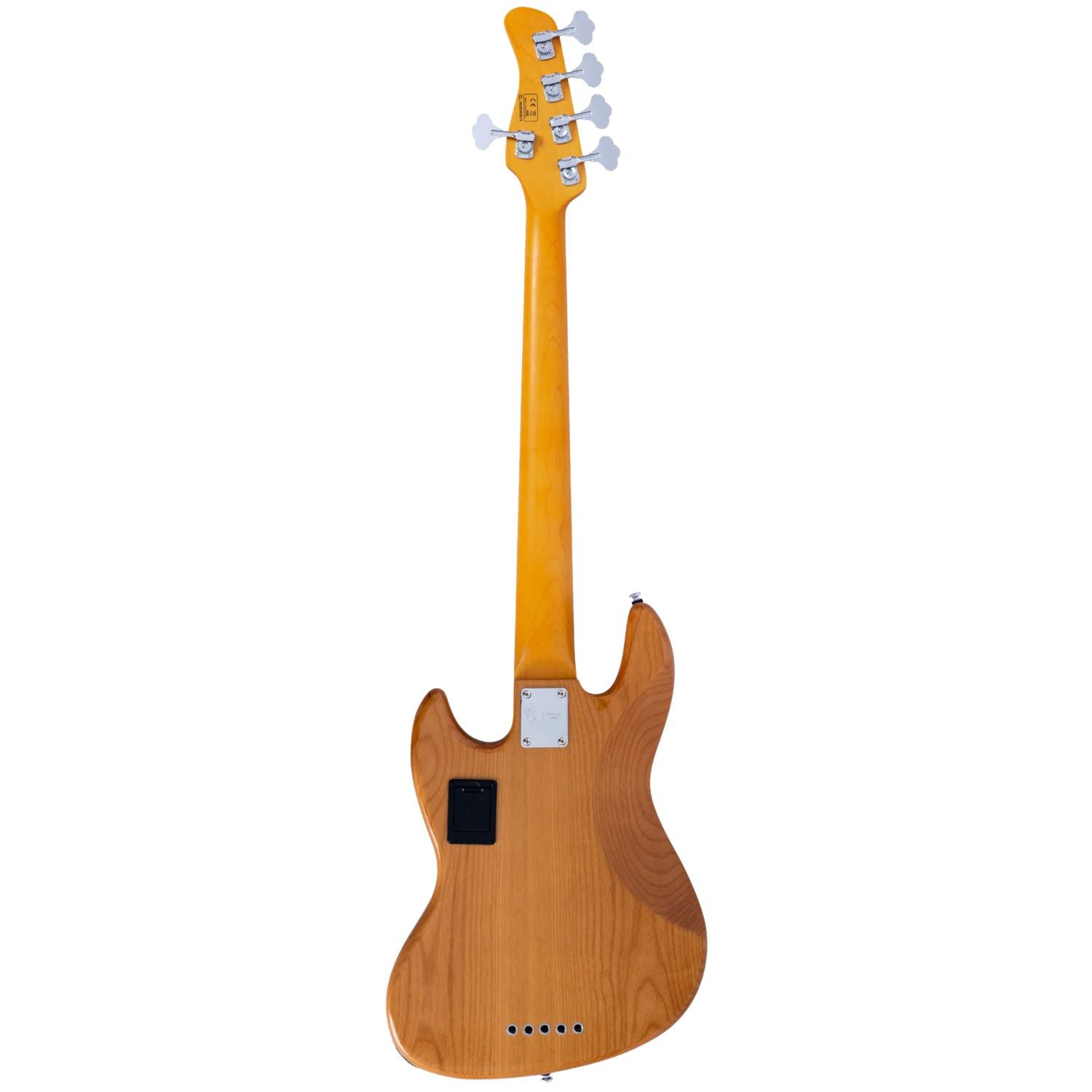 Achterkant van een bruine elektrische basgitaar body met hals en kop.